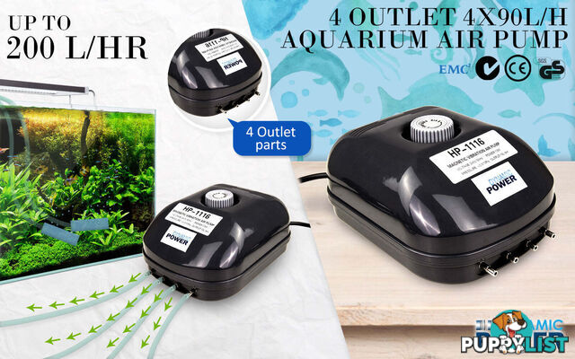 Aquarium Air Pump Oxygen Hydroponic 4 Outlet 360L/H 13W - V274-AQ-AP13