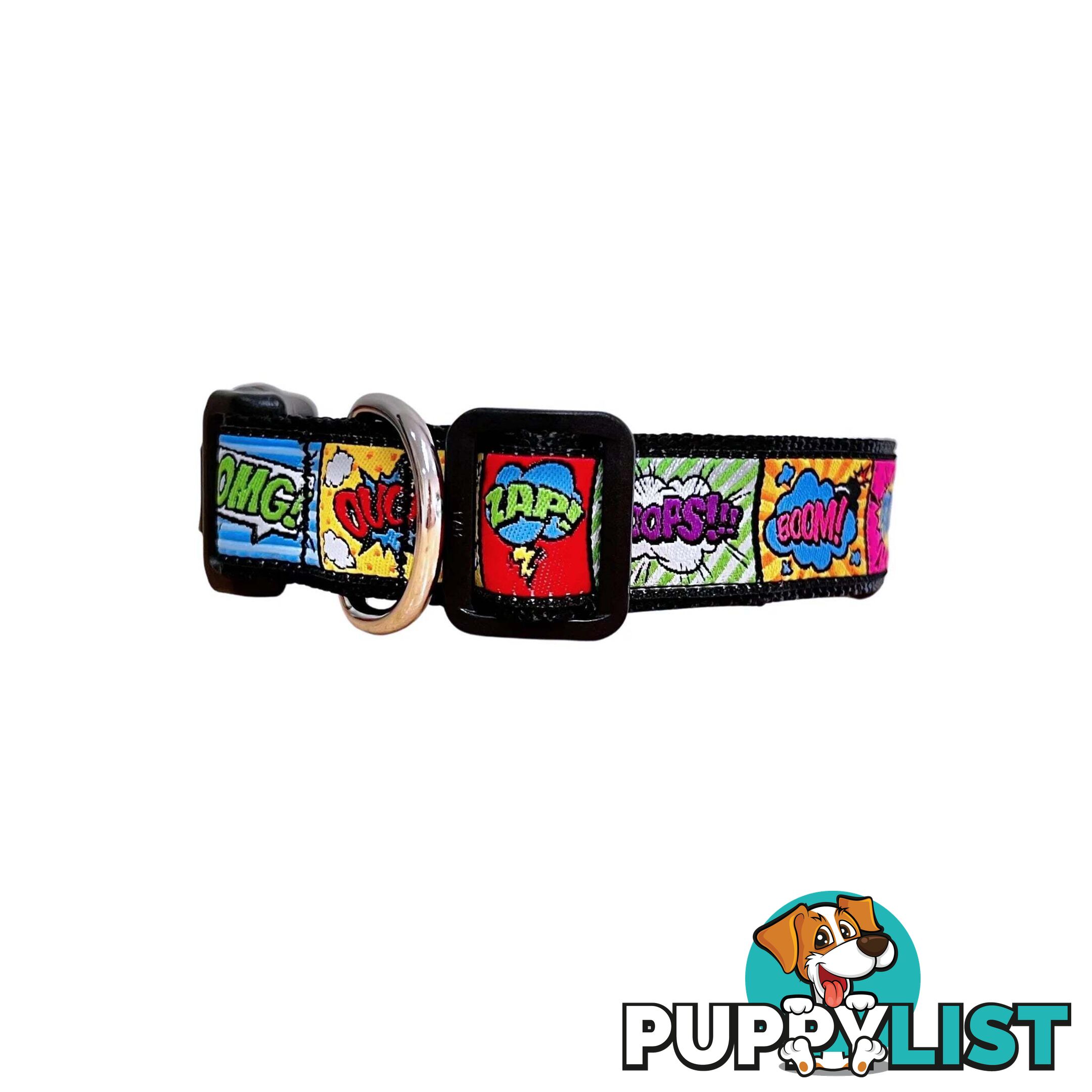 Comic Mania Dog Collar / XS - L - Hand Made by The Bark Side - TBSCOMXSGRN