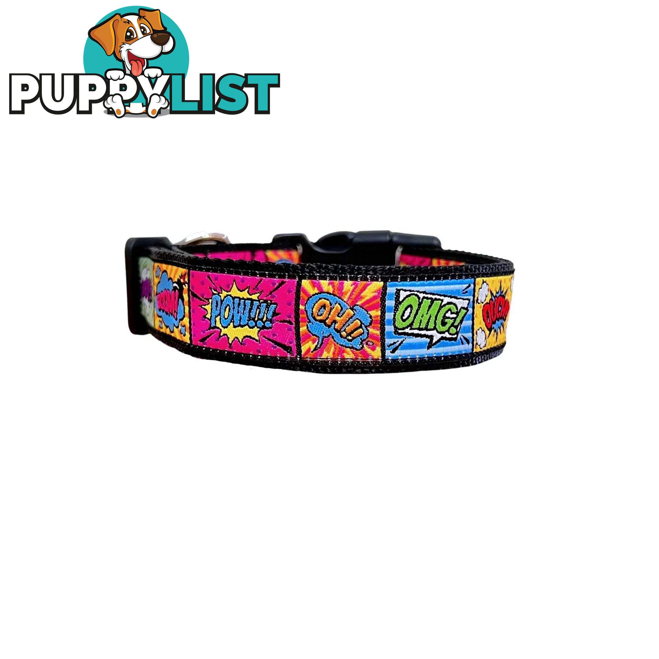Comic Mania Dog Collar / XS - L - Hand Made by The Bark Side - TBSCOMXSGRN