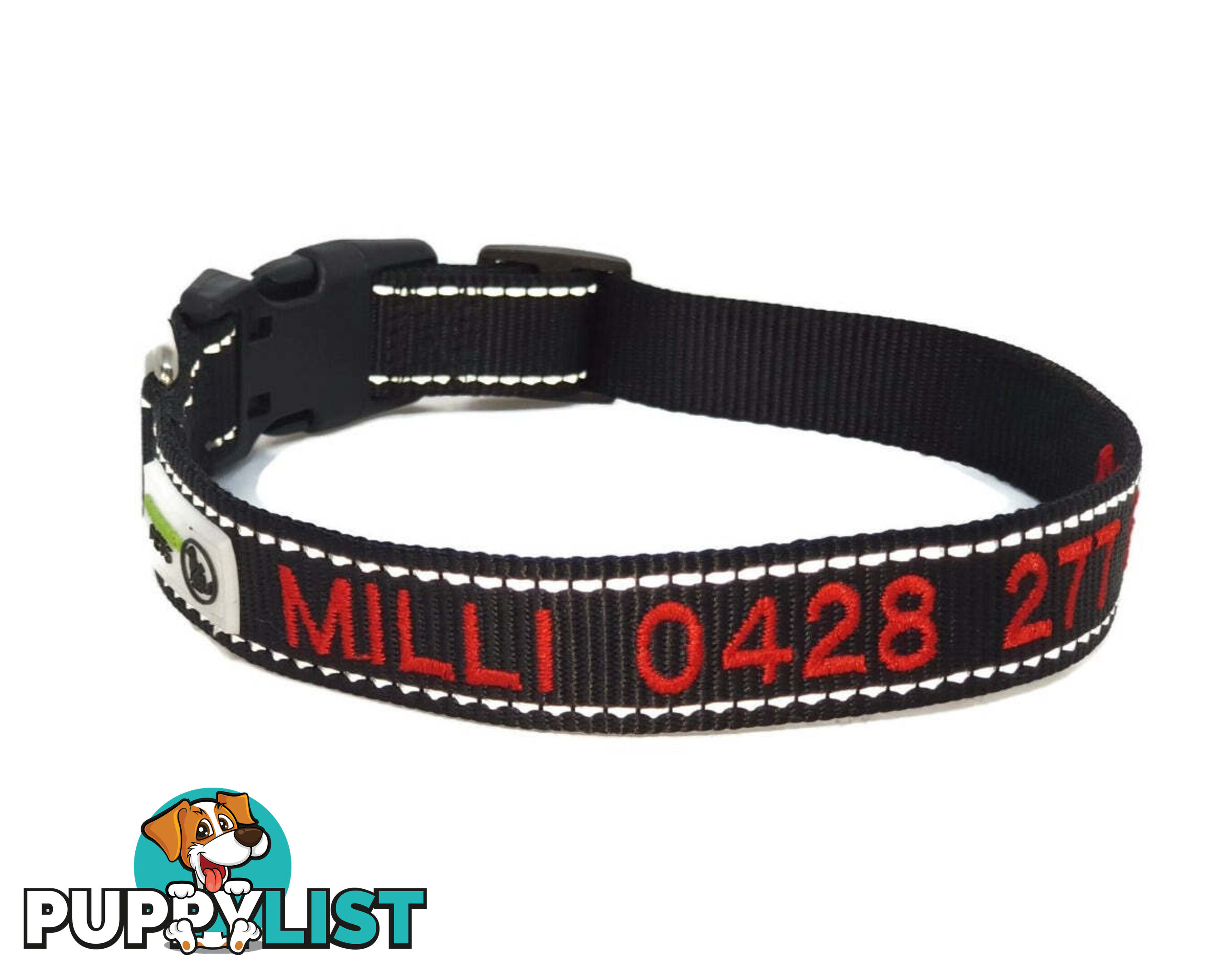 Doggie ID Collar Nylon w/Reflective Stitching Embroidered Personalised Custom. - GC-DIC-031-M-GRN