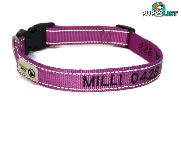 Doggie ID Collar Nylon w/Reflective Stitching Embroidered Personalised Custom. - GC-DIC-031-M-GRN