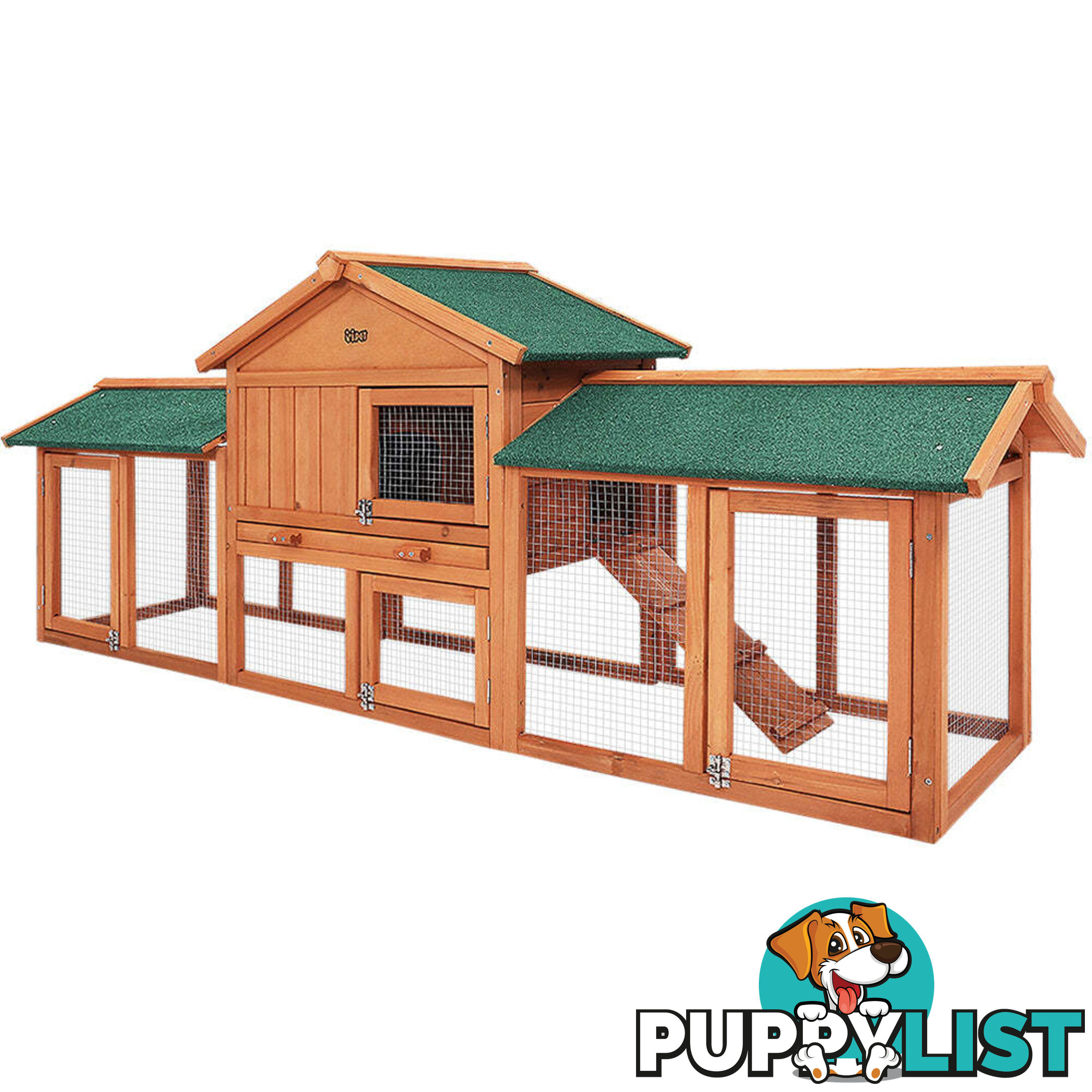 i.Pet Chicken Coop Rabbit Hutch 220cm x 44cm x 84cm Large Run Wooden Outdoor Bunny Cage House - PET-GT-RH1500D-220