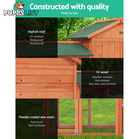 i.Pet Chicken Coop Rabbit Hutch 220cm x 44cm x 84cm Large Run Wooden Outdoor Bunny Cage House - PET-GT-RH1500D-220