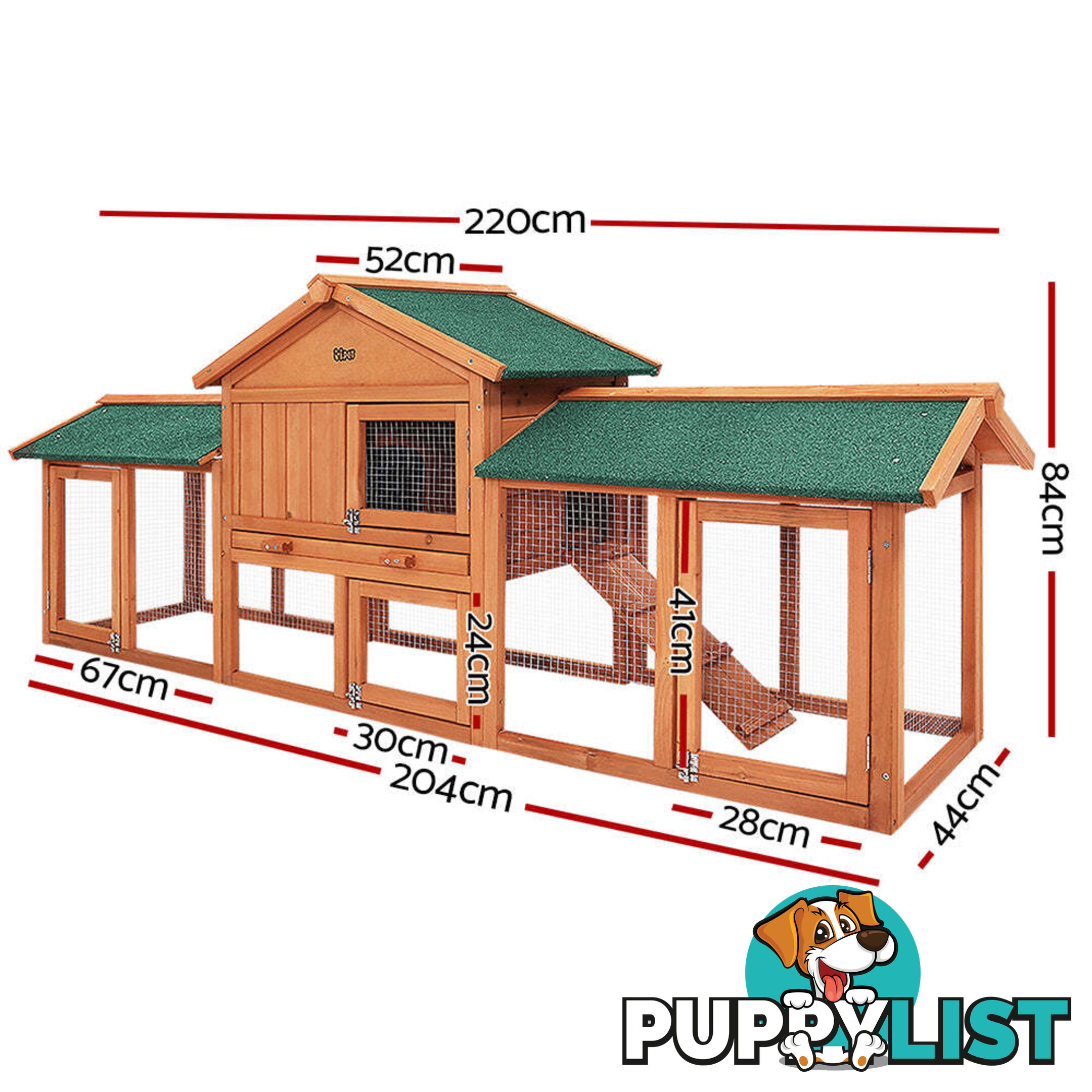 i.Pet Chicken Coop Rabbit Hutch 220cm x 44cm x 84cm Large Run Wooden Outdoor Bunny Cage House - PET-GT-RH1500D-220