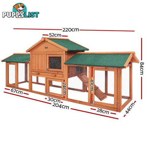 i.Pet Chicken Coop Rabbit Hutch 220cm x 44cm x 84cm Large Run Wooden Outdoor Bunny Cage House - PET-GT-RH1500D-220