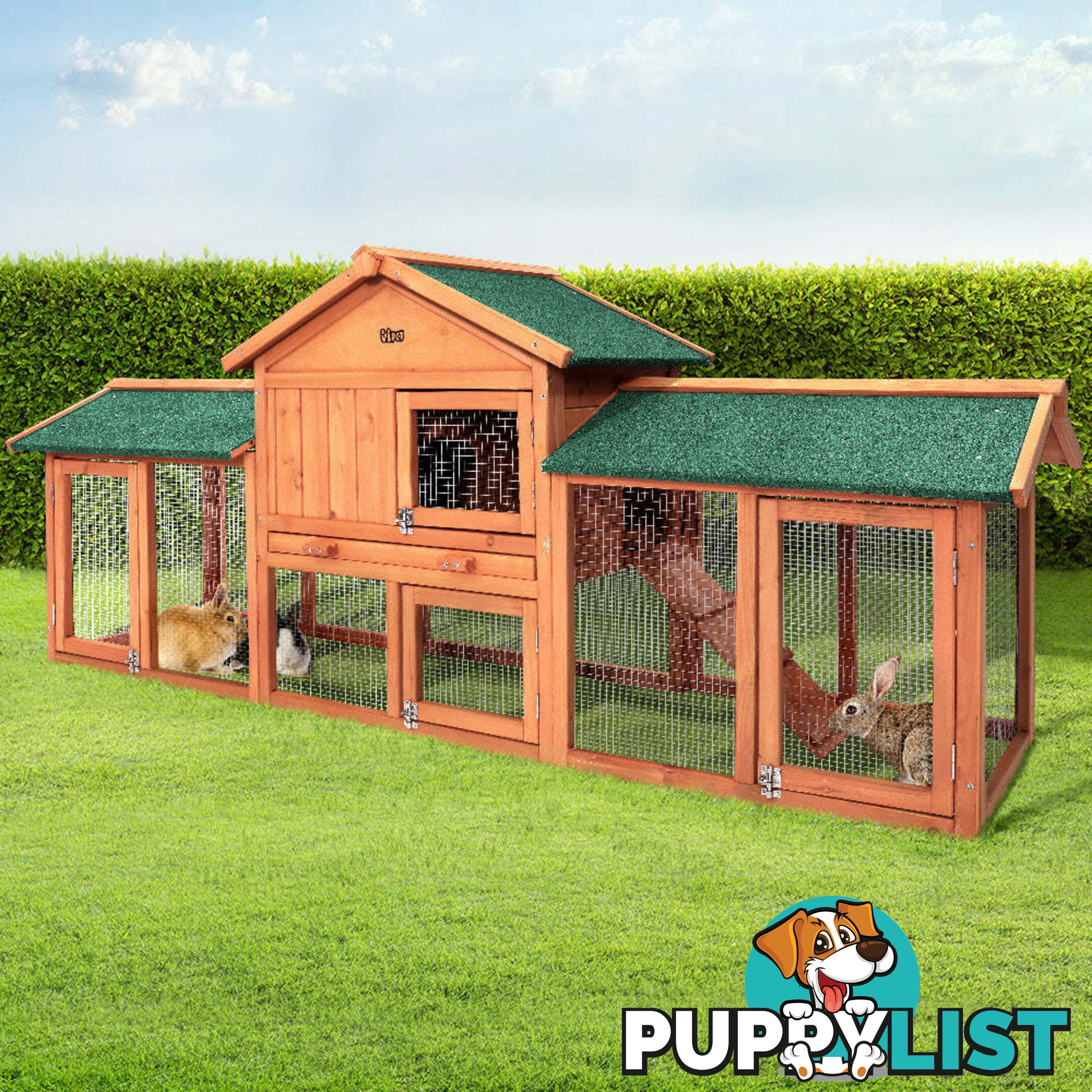 i.Pet Chicken Coop Rabbit Hutch 220cm x 44cm x 84cm Large Run Wooden Outdoor Bunny Cage House - PET-GT-RH1500D-220