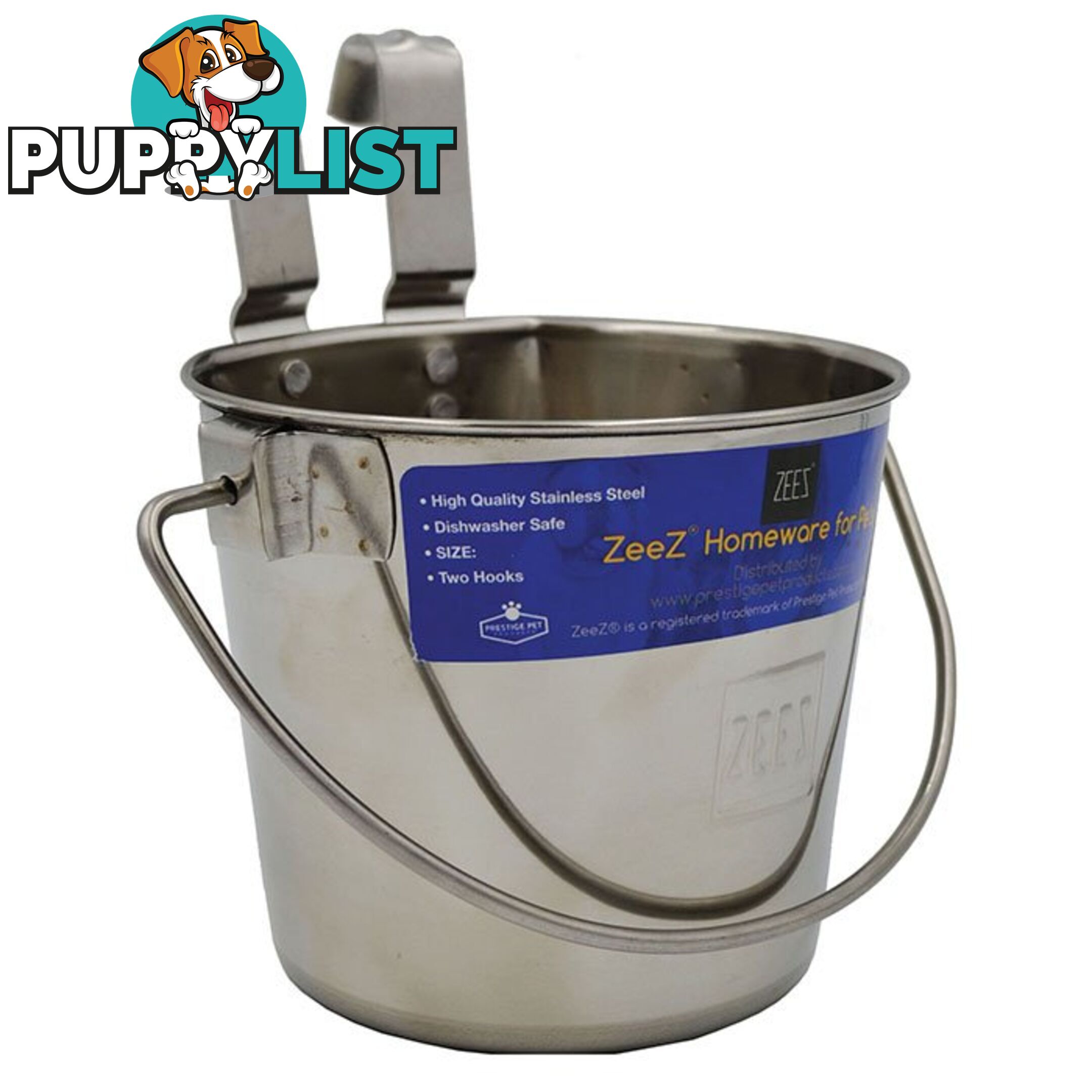 Zeez Stainless Steel Flat Sided Pet Water Bucket Pail Two Hooks - PPP-49-7720