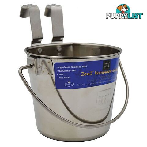 Zeez Stainless Steel Flat Sided Pet Water Bucket Pail Two Hooks - PPP-49-7720