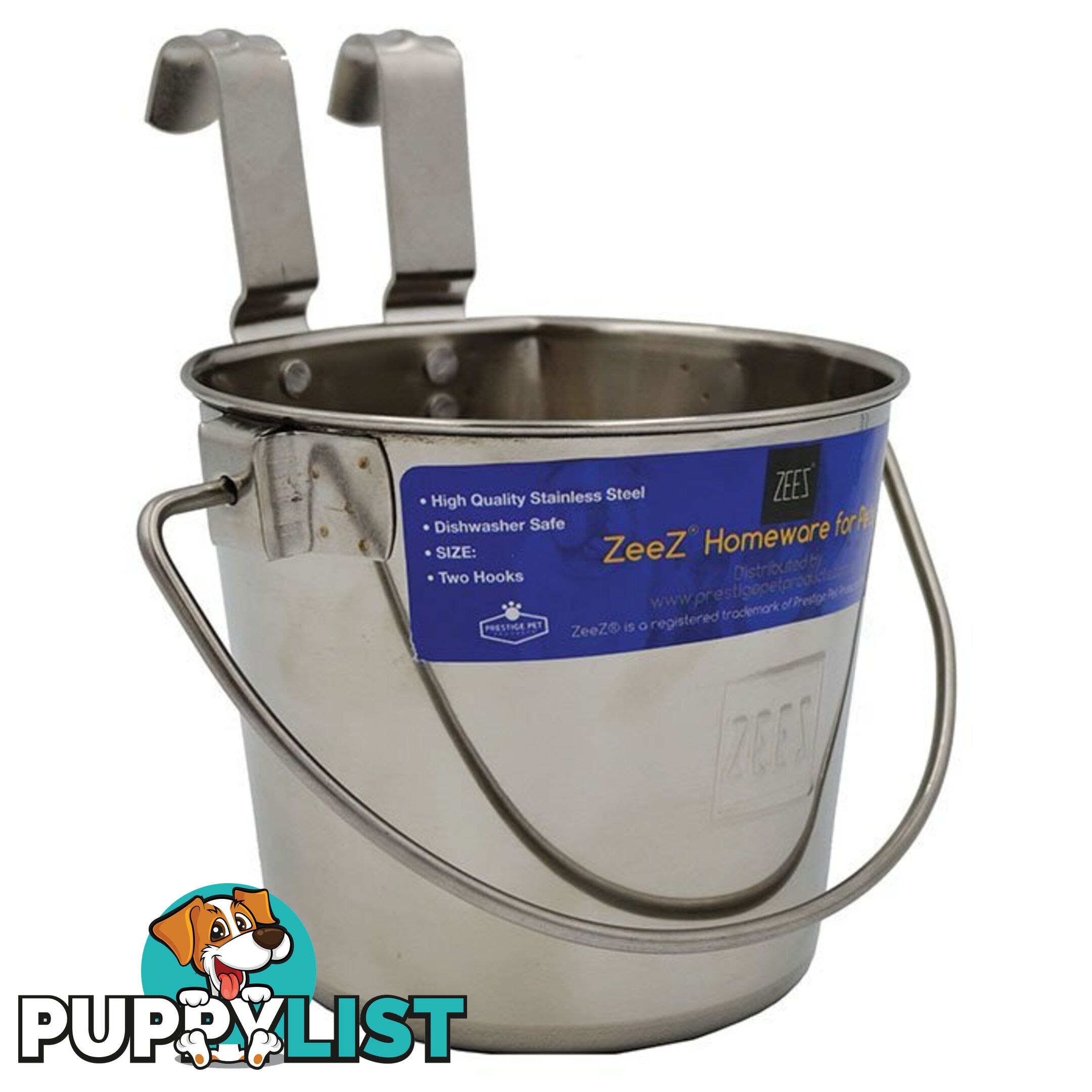Zeez Stainless Steel Flat Sided Pet Water Bucket Pail Two Hooks - PPP-49-7720
