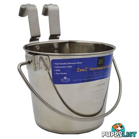 Zeez Stainless Steel Flat Sided Pet Water Bucket Pail Two Hooks - PPP-49-7720