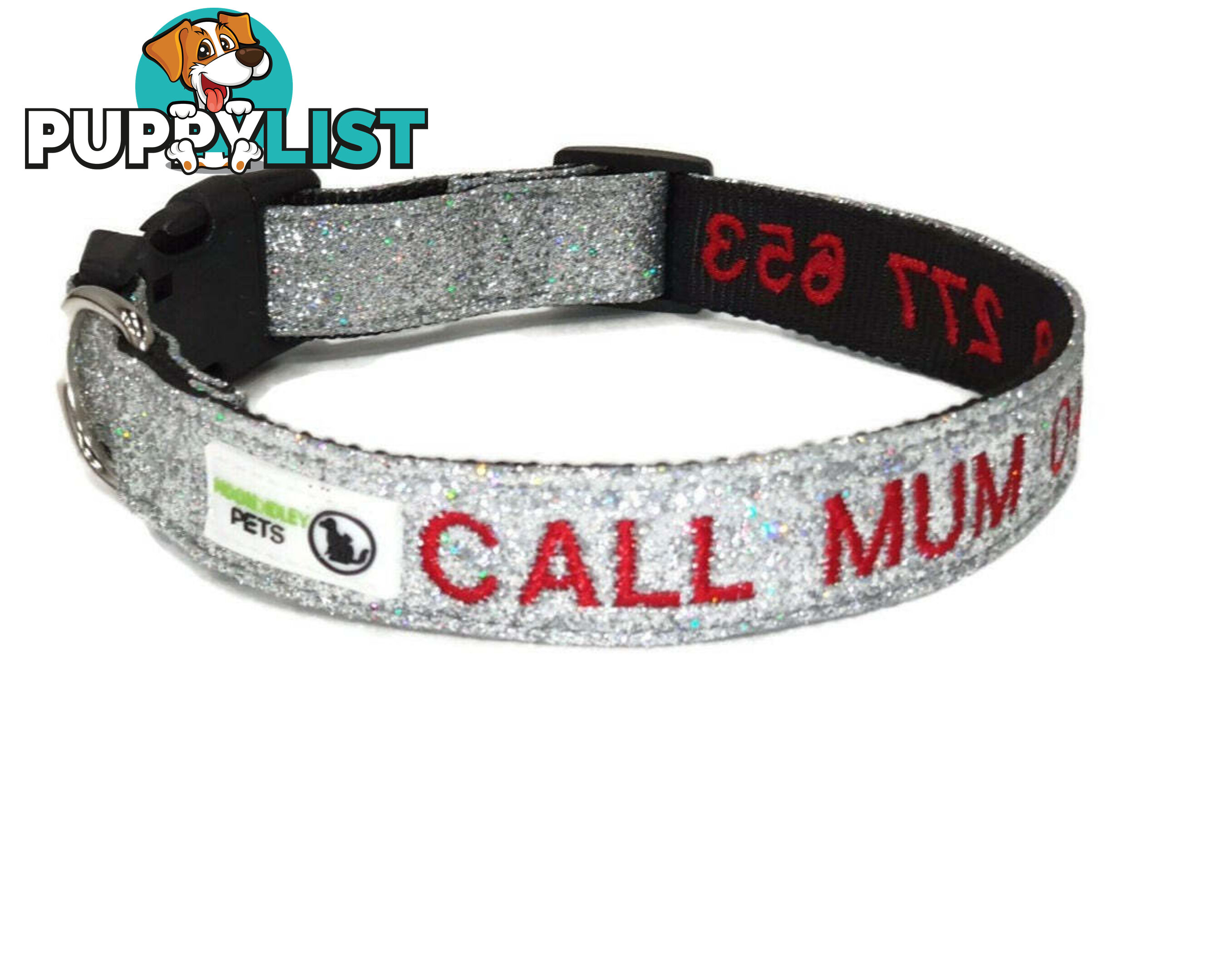Doggie ID Collar - Bling Glitter Overlay Nylon Collar, Embroidered Personised Custom. - GC-DIC-BLING-XS-HPNK