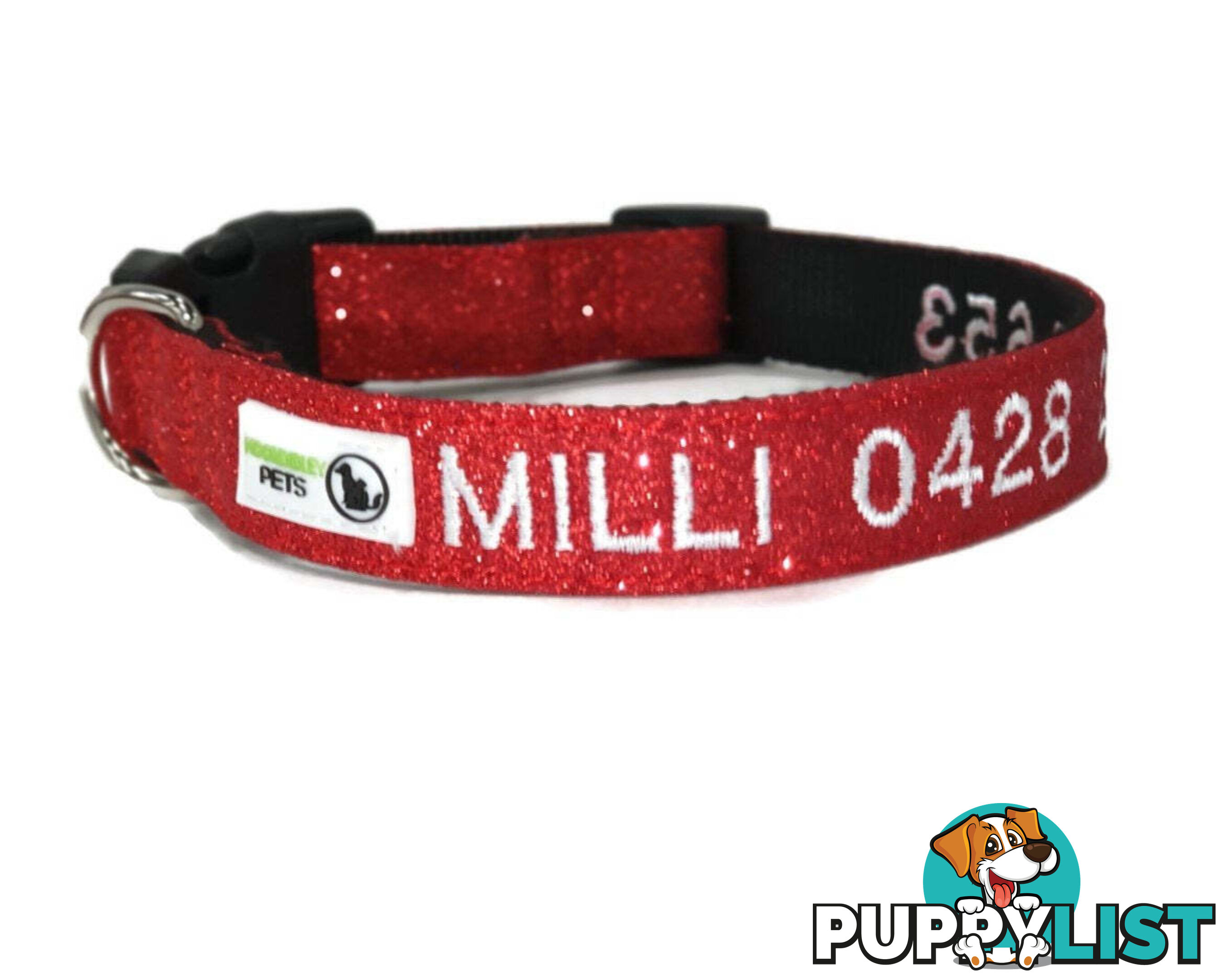 Doggie ID Collar - Bling Glitter Overlay Nylon Collar, Embroidered Personised Custom. - GC-DIC-BLING-XS-HPNK