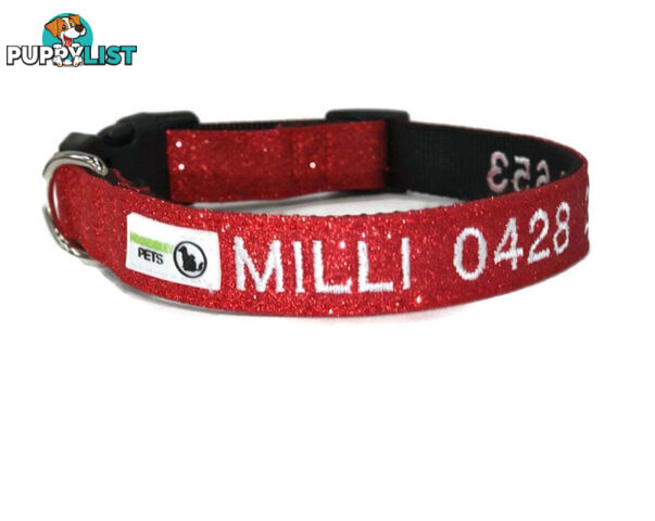 Doggie ID Collar - Bling Glitter Overlay Nylon Collar, Embroidered Personised Custom. - GC-DIC-BLING-XS-HPNK