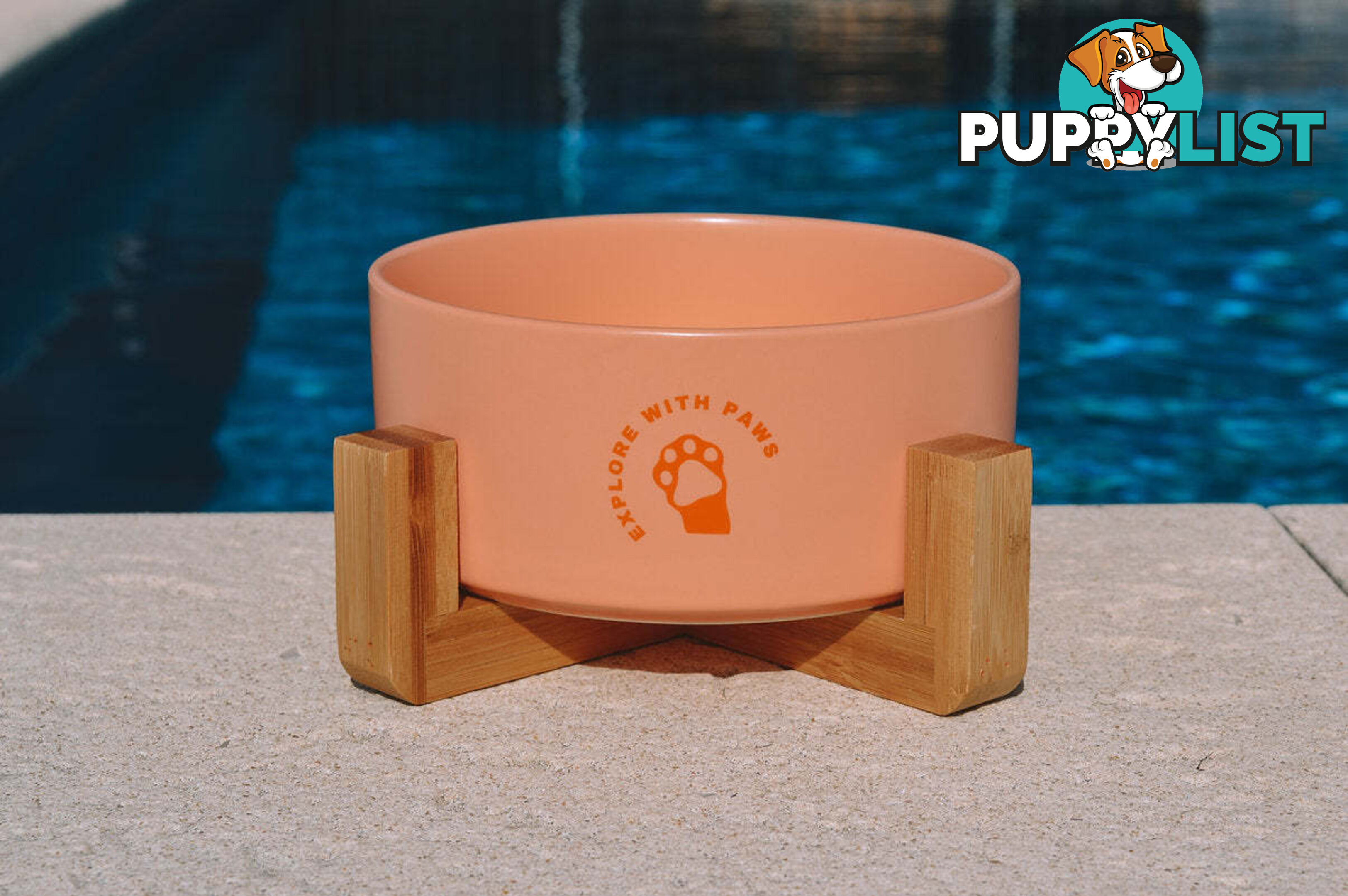 Ceramic Bowl with Wooden Stand - Explore with Paws - EWPBOWCERWHI