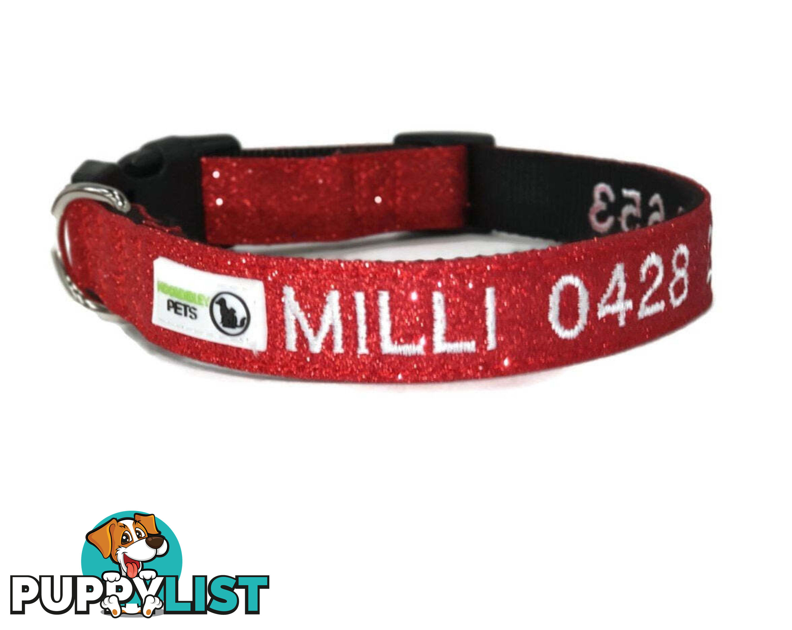 Doggie ID Collar - Bling Glitter Overlay Nylon Collar, Embroidered Personised Custom. - GC-DIC-BLING-XS-LPNK