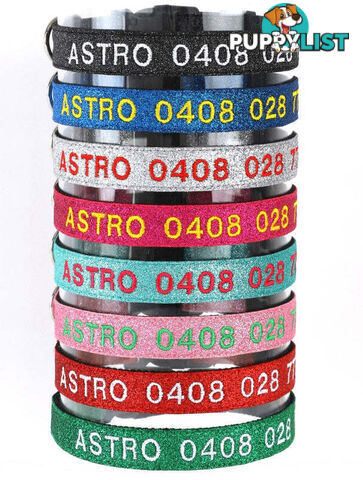 Doggie ID Collar - Bling Glitter Overlay Nylon Collar, Embroidered Personised Custom. - GC-DIC-BLING-XS-LPNK