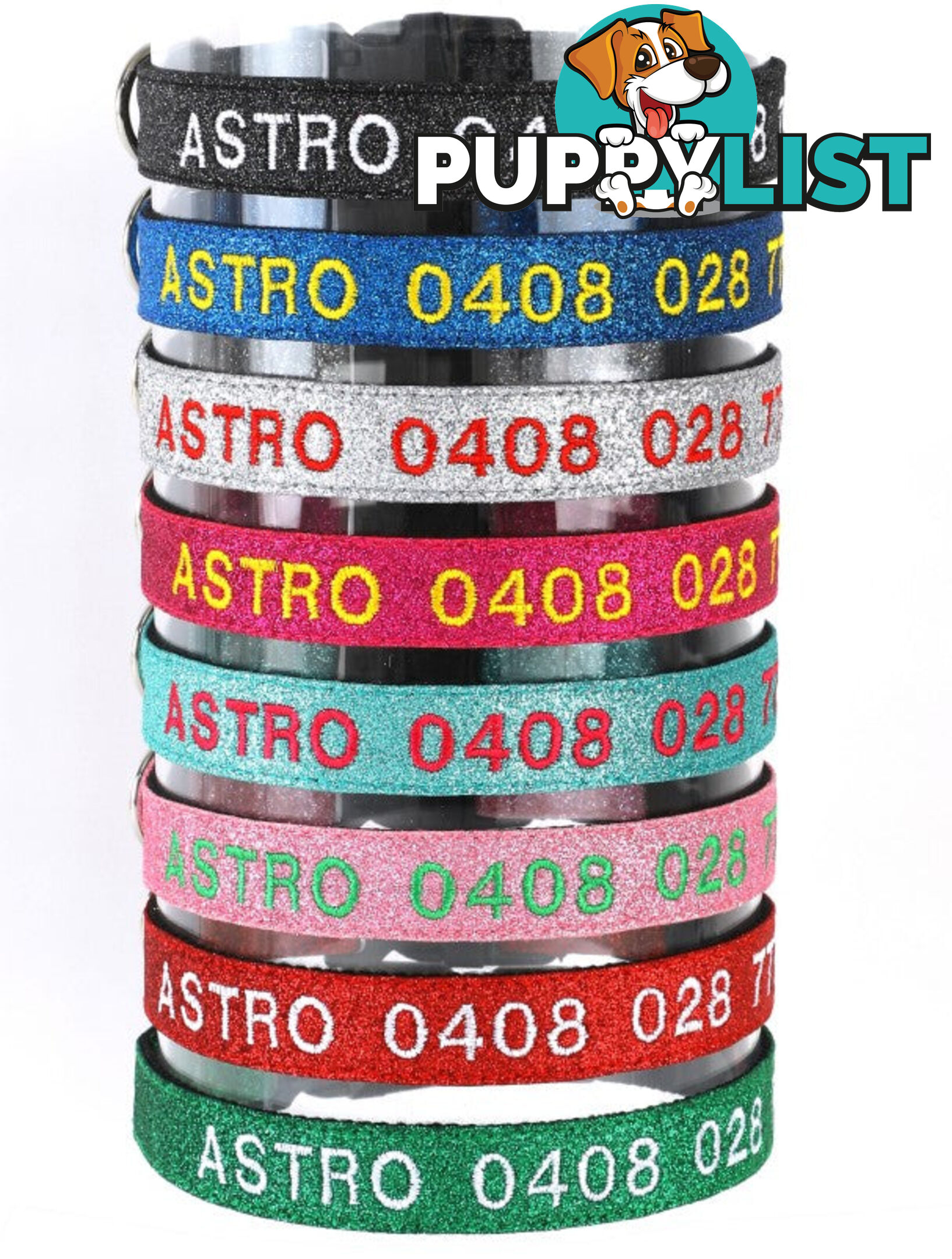 Doggie ID Collar - Bling Glitter Overlay Nylon Collar, Embroidered Personised Custom. - GC-DIC-BLING-XS-LPNK