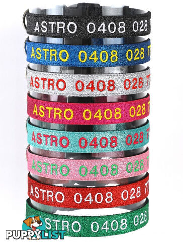 Doggie ID Collar - Bling Glitter Overlay Nylon Collar, Embroidered Personised Custom. - GC-DIC-BLING-XS-LPNK