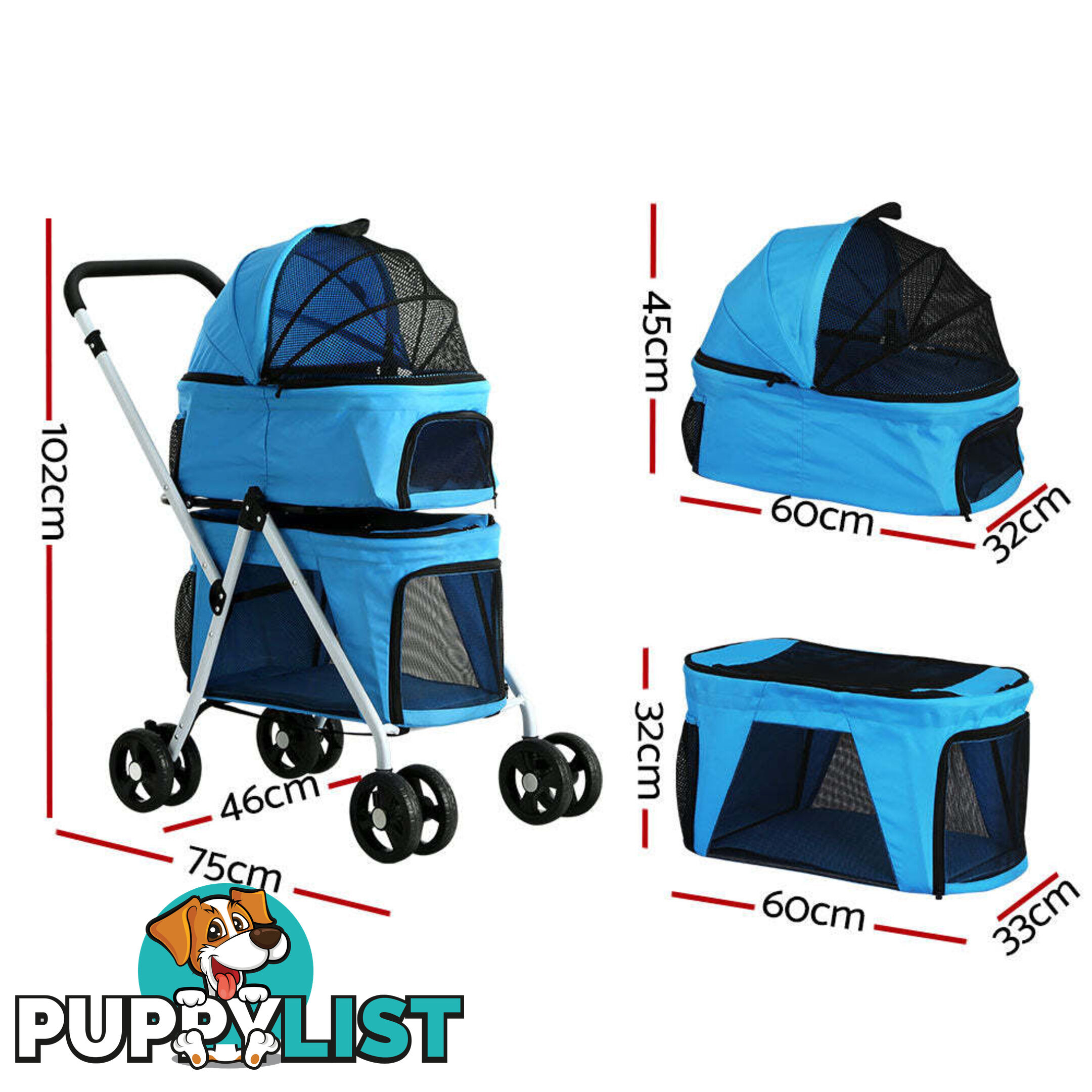 i.Pet Pet Stroller Dog Pram Large Cat Carrier Travel Foldable 4 Wheels Double - PET-STROLLER-2T-BL