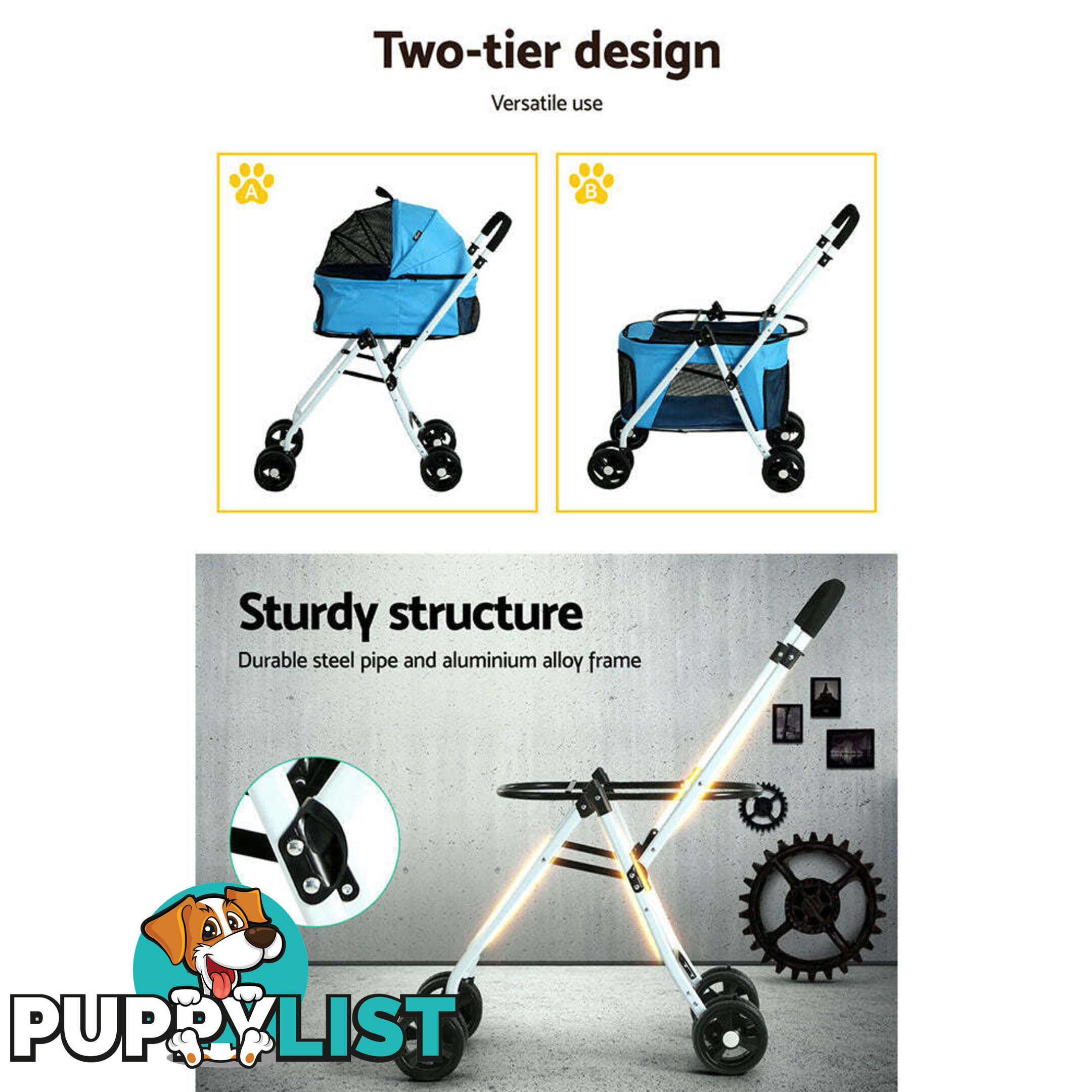 i.Pet Pet Stroller Dog Pram Large Cat Carrier Travel Foldable 4 Wheels Double - PET-STROLLER-2T-BL
