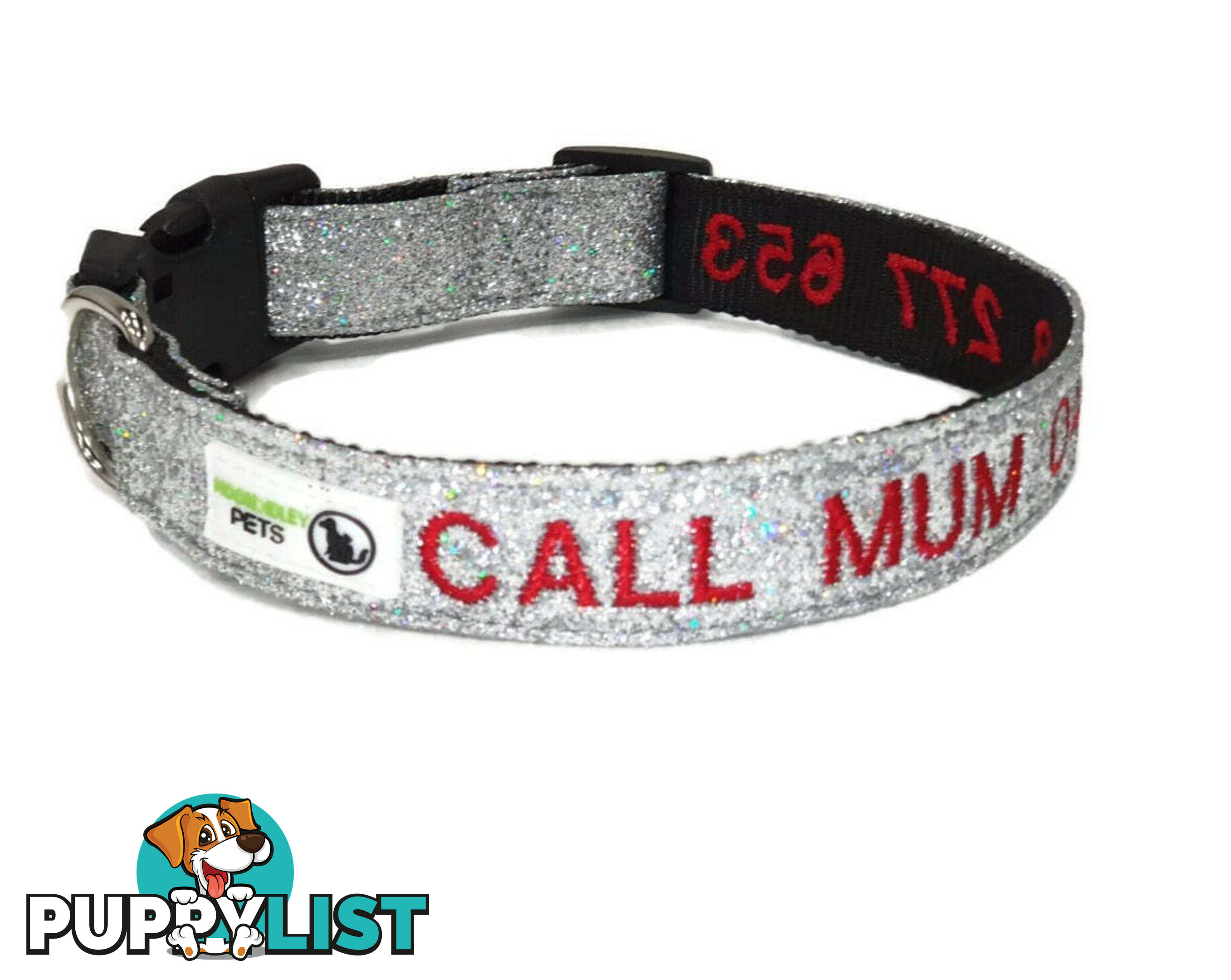 Doggie ID Collar - Bling Glitter Overlay Nylon Collar, Embroidered Personised Custom. - GC-DIC-BLING-L-RED