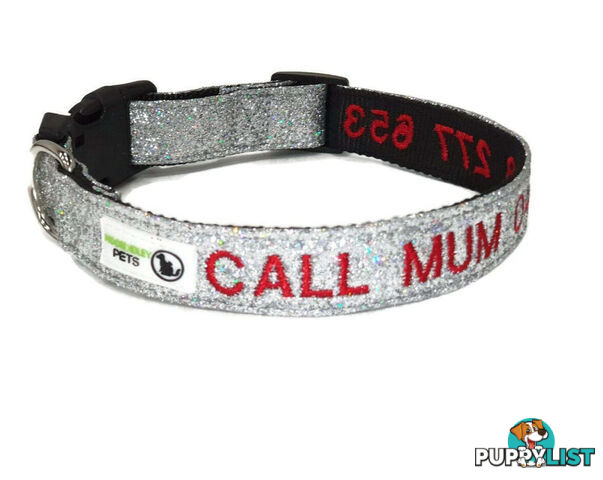Doggie ID Collar - Bling Glitter Overlay Nylon Collar, Embroidered Personised Custom. - GC-DIC-BLING-L-RED