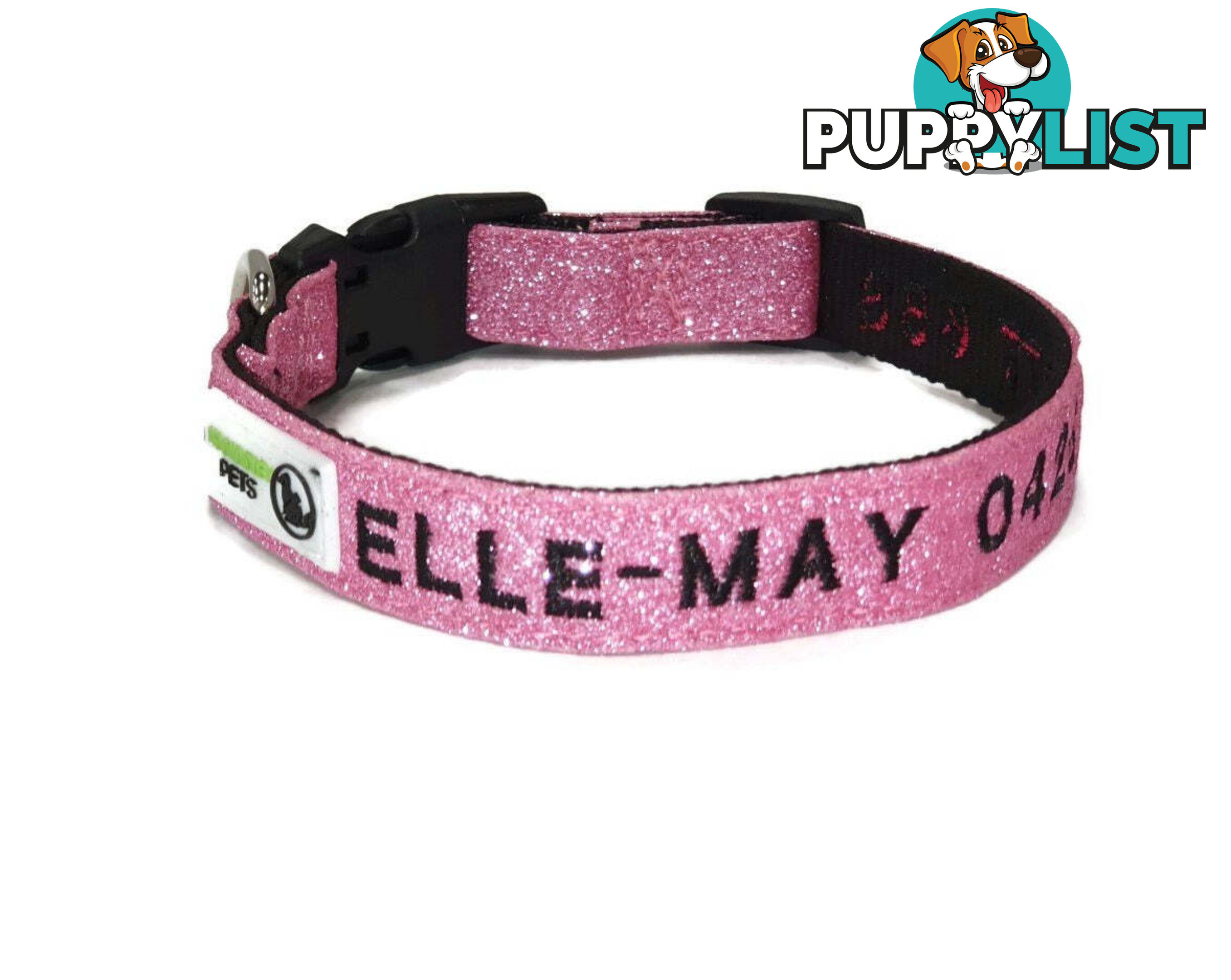 Doggie ID Collar - Bling Glitter Overlay Nylon Collar, Embroidered Personised Custom. - GC-DIC-BLING-L-RED