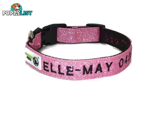 Doggie ID Collar - Bling Glitter Overlay Nylon Collar, Embroidered Personised Custom. - GC-DIC-BLING-L-RED