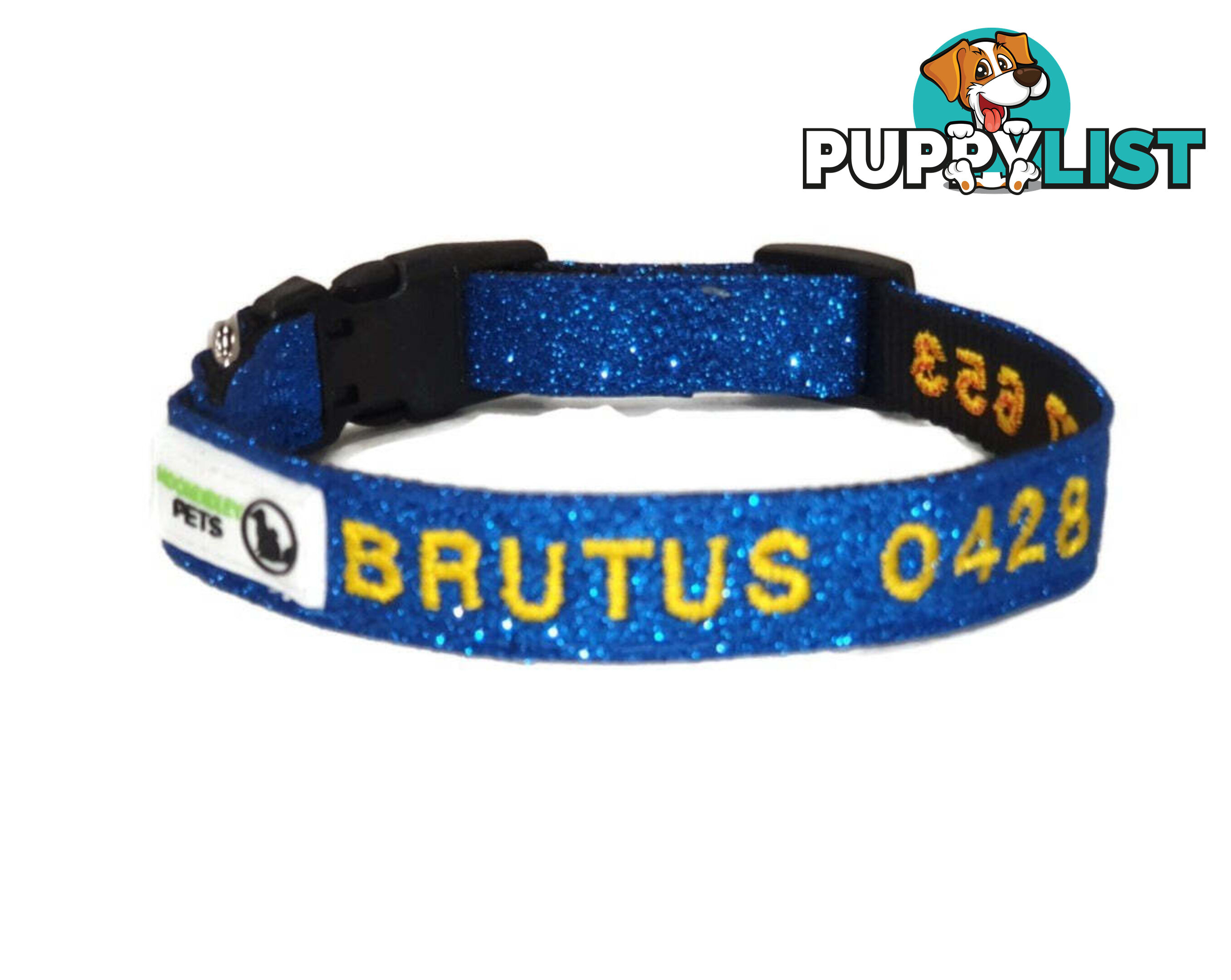 Doggie ID Collar - Bling Glitter Overlay Nylon Collar, Embroidered Personised Custom. - GC-DIC-BLING-L-RED