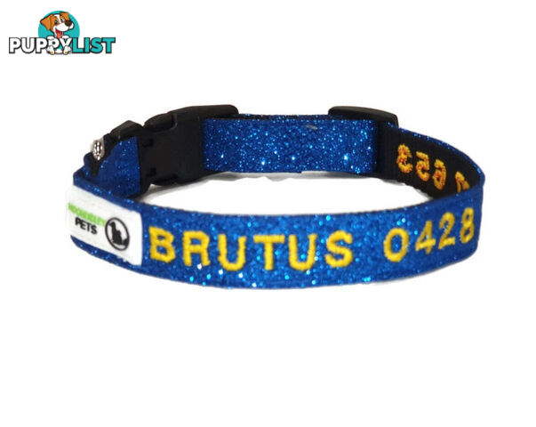 Doggie ID Collar - Bling Glitter Overlay Nylon Collar, Embroidered Personised Custom. - GC-DIC-BLING-L-RED