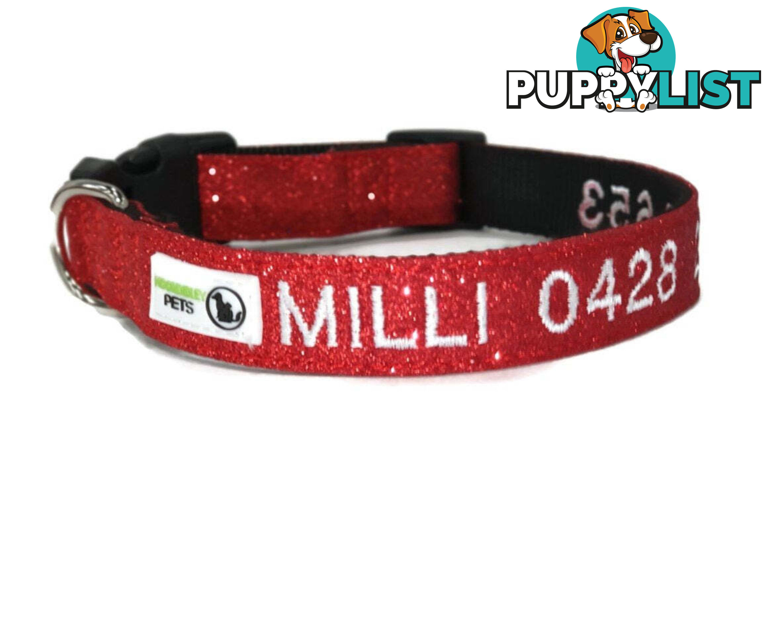 Doggie ID Collar - Bling Glitter Overlay Nylon Collar, Embroidered Personised Custom. - GC-DIC-BLING-L-RED