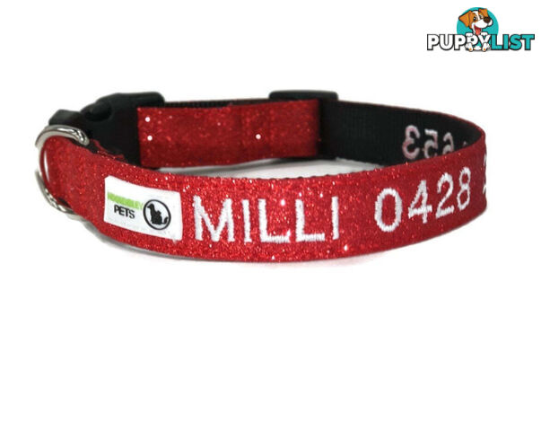Doggie ID Collar - Bling Glitter Overlay Nylon Collar, Embroidered Personised Custom. - GC-DIC-BLING-L-RED