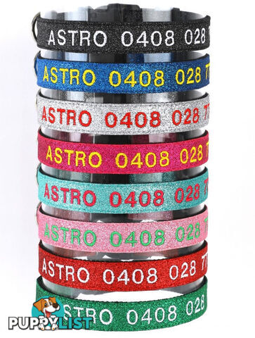 Doggie ID Collar - Bling Glitter Overlay Nylon Collar, Embroidered Personised Custom. - GC-DIC-BLING-L-RED