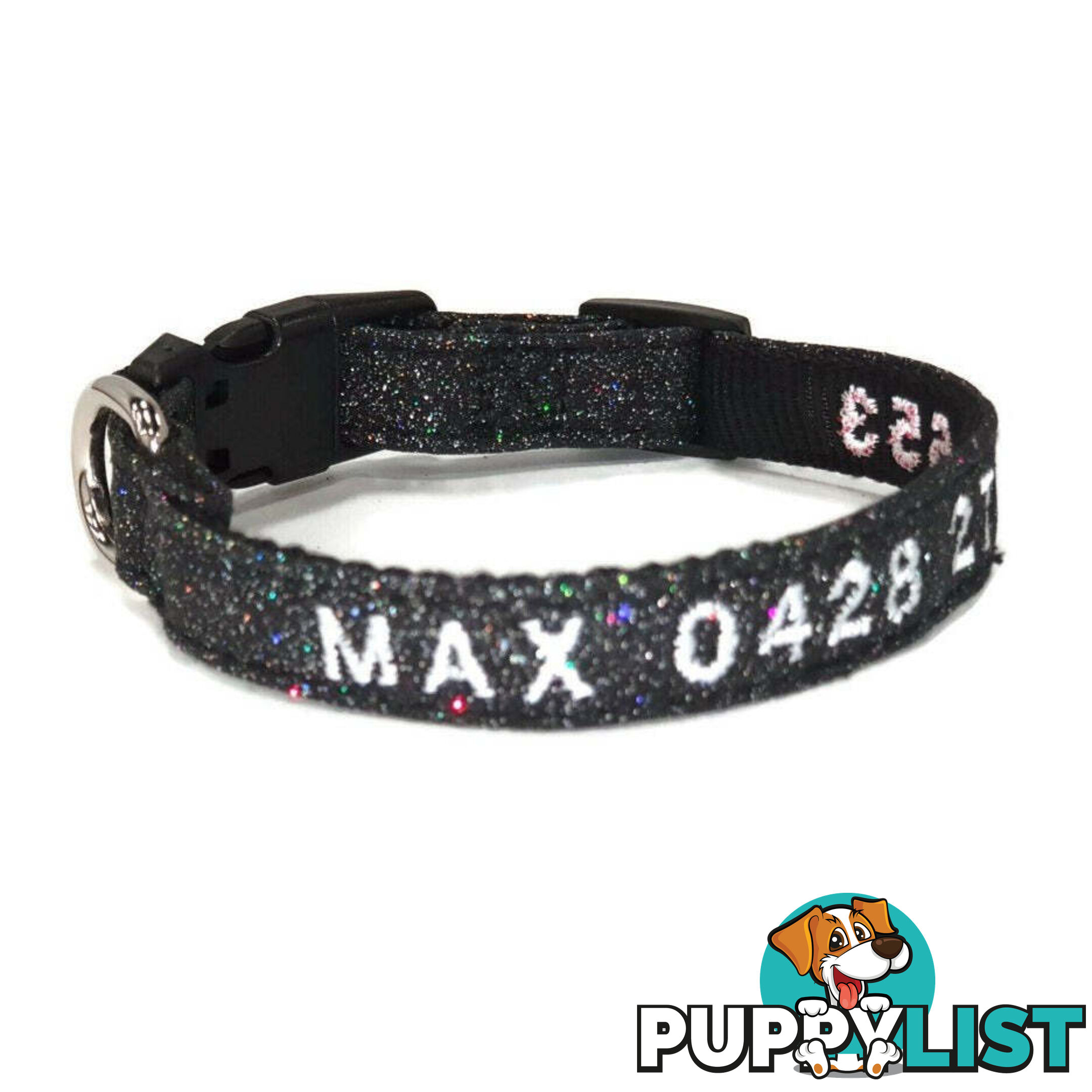 Doggie ID Collar - Bling Glitter Overlay Nylon Collar, Embroidered Personised Custom. - GC-DIC-BLING-L-RED