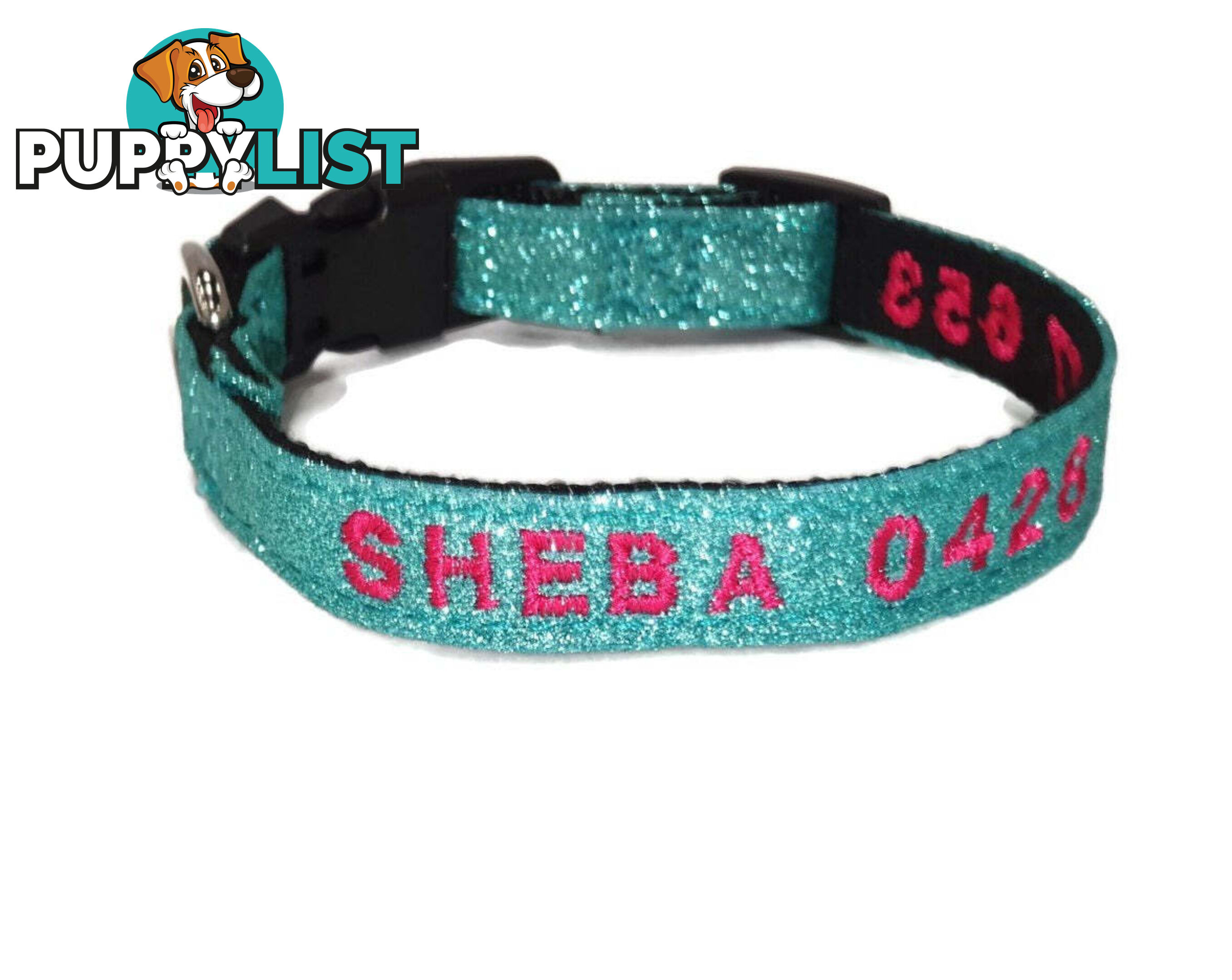 Doggie ID Collar - Bling Glitter Overlay Nylon Collar, Embroidered Personised Custom. - GC-DIC-BLING-L-RED