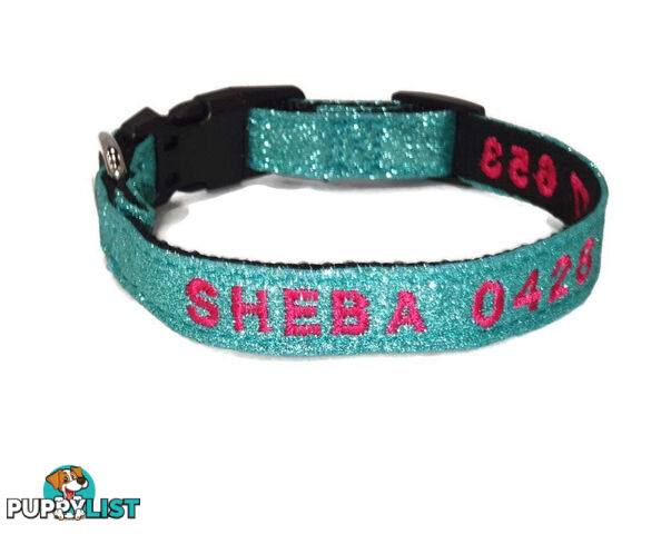 Doggie ID Collar - Bling Glitter Overlay Nylon Collar, Embroidered Personised Custom. - GC-DIC-BLING-L-RED
