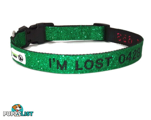 Doggie ID Collar - Bling Glitter Overlay Nylon Collar, Embroidered Personised Custom. - GC-DIC-BLING-L-RED