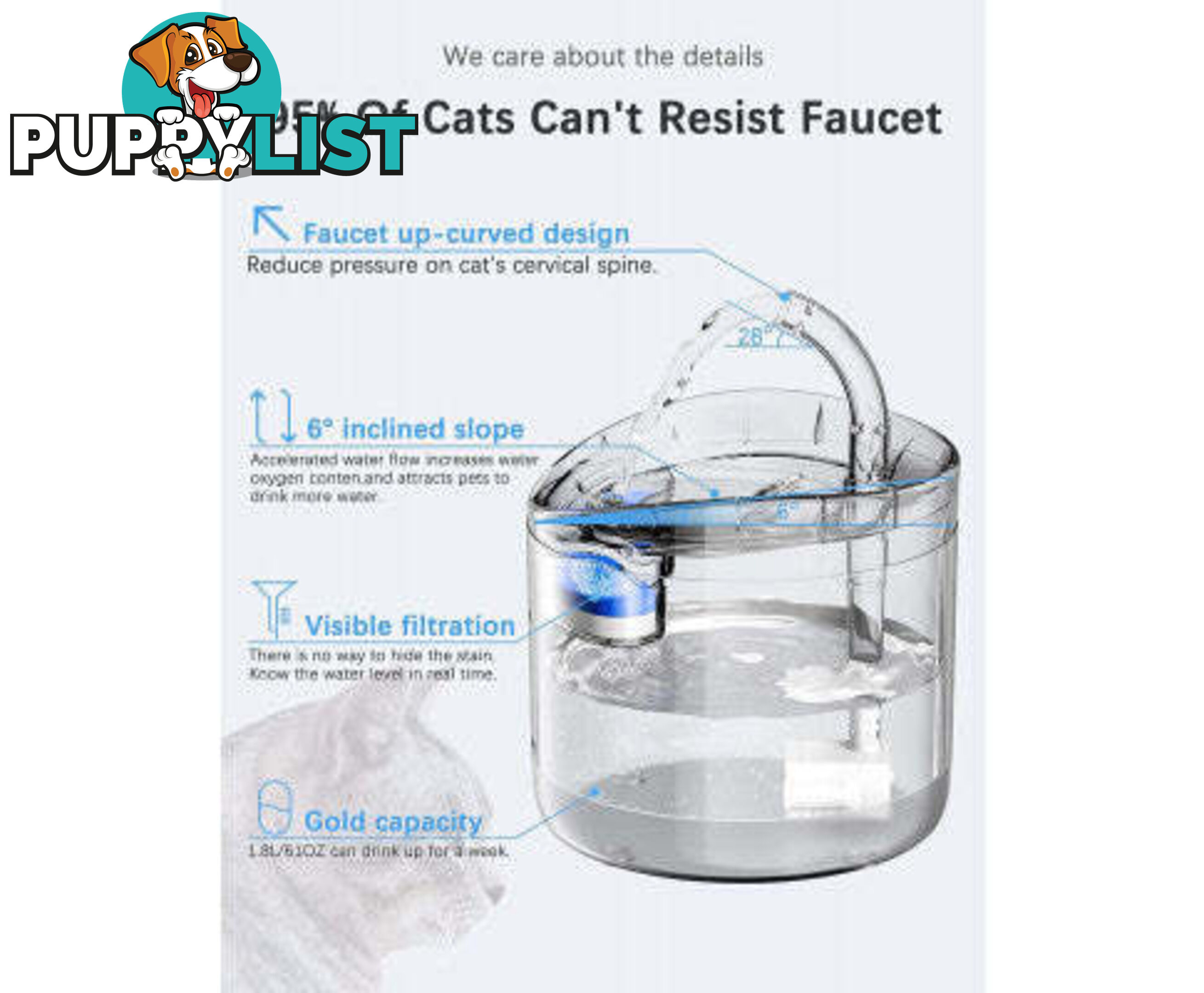 Cat Dog Water Fountain Pet Water Dispenser 1.8L Automatic Drinking Fountain for Cats Kitty Indoor - V324-PET-DRINKBWF060-BAS