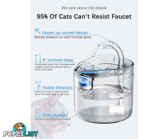 Cat Dog Water Fountain Pet Water Dispenser 1.8L Automatic Drinking Fountain for Cats Kitty Indoor - V324-PET-DRINKBWF060-BAS