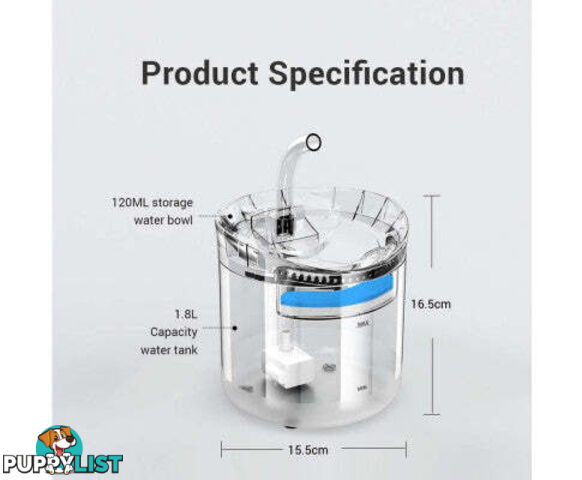 Cat Dog Water Fountain Pet Water Dispenser 1.8L Automatic Drinking Fountain for Cats Kitty Indoor - V324-PET-DRINKBWF060-BAS