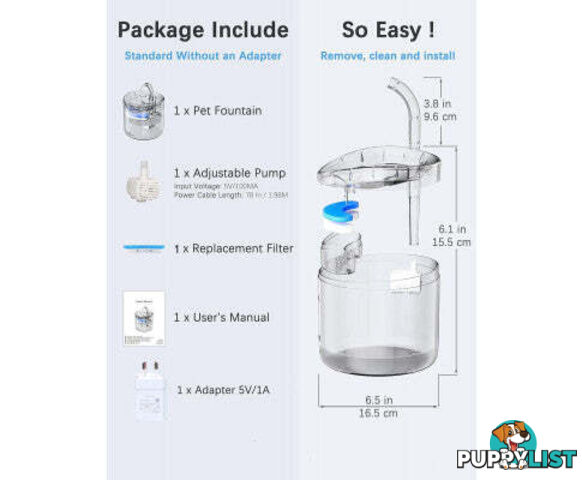 Cat Dog Water Fountain Pet Water Dispenser 1.8L Automatic Drinking Fountain for Cats Kitty Indoor - V324-PET-DRINKBWF060-BAS