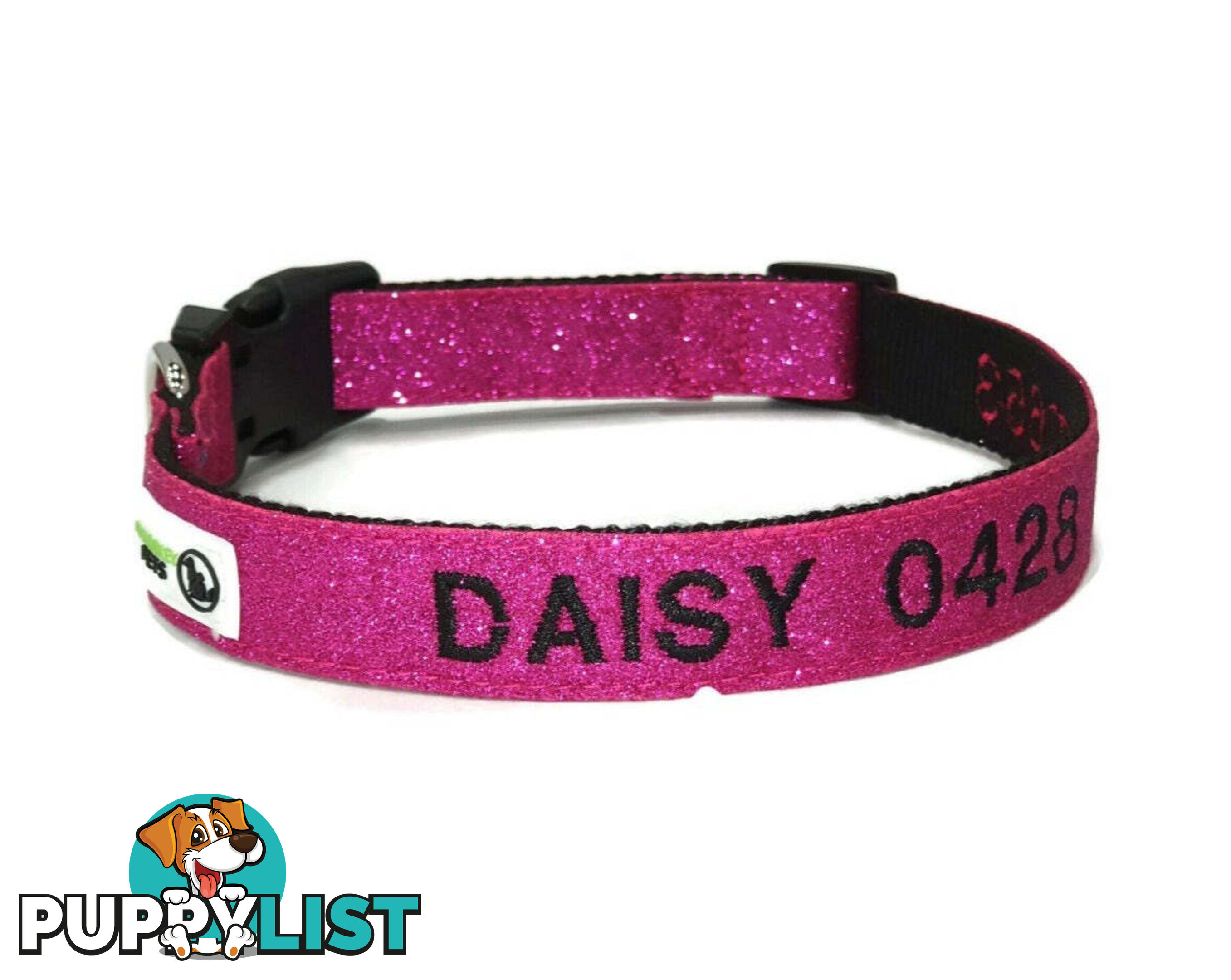 Doggie ID Collar - Bling Glitter Overlay Nylon Collar, Embroidered Personised Custom. - GC-DIC-BLING-M-RED