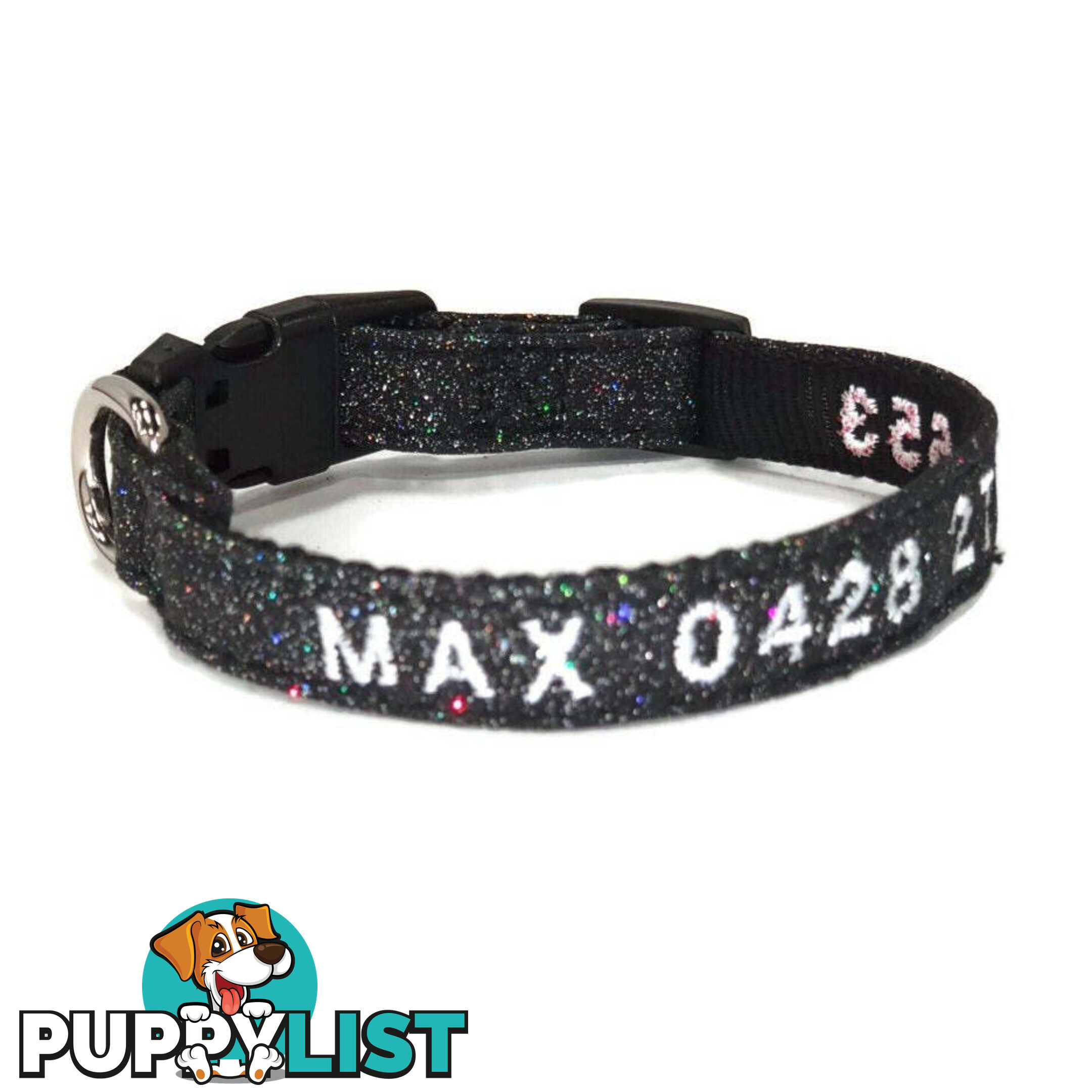 Doggie ID Collar - Bling Glitter Overlay Nylon Collar, Embroidered Personised Custom. - GC-DIC-BLING-M-RED