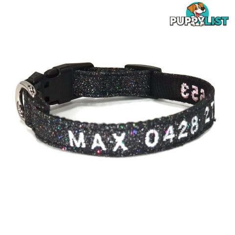 Doggie ID Collar - Bling Glitter Overlay Nylon Collar, Embroidered Personised Custom. - GC-DIC-BLING-M-RED