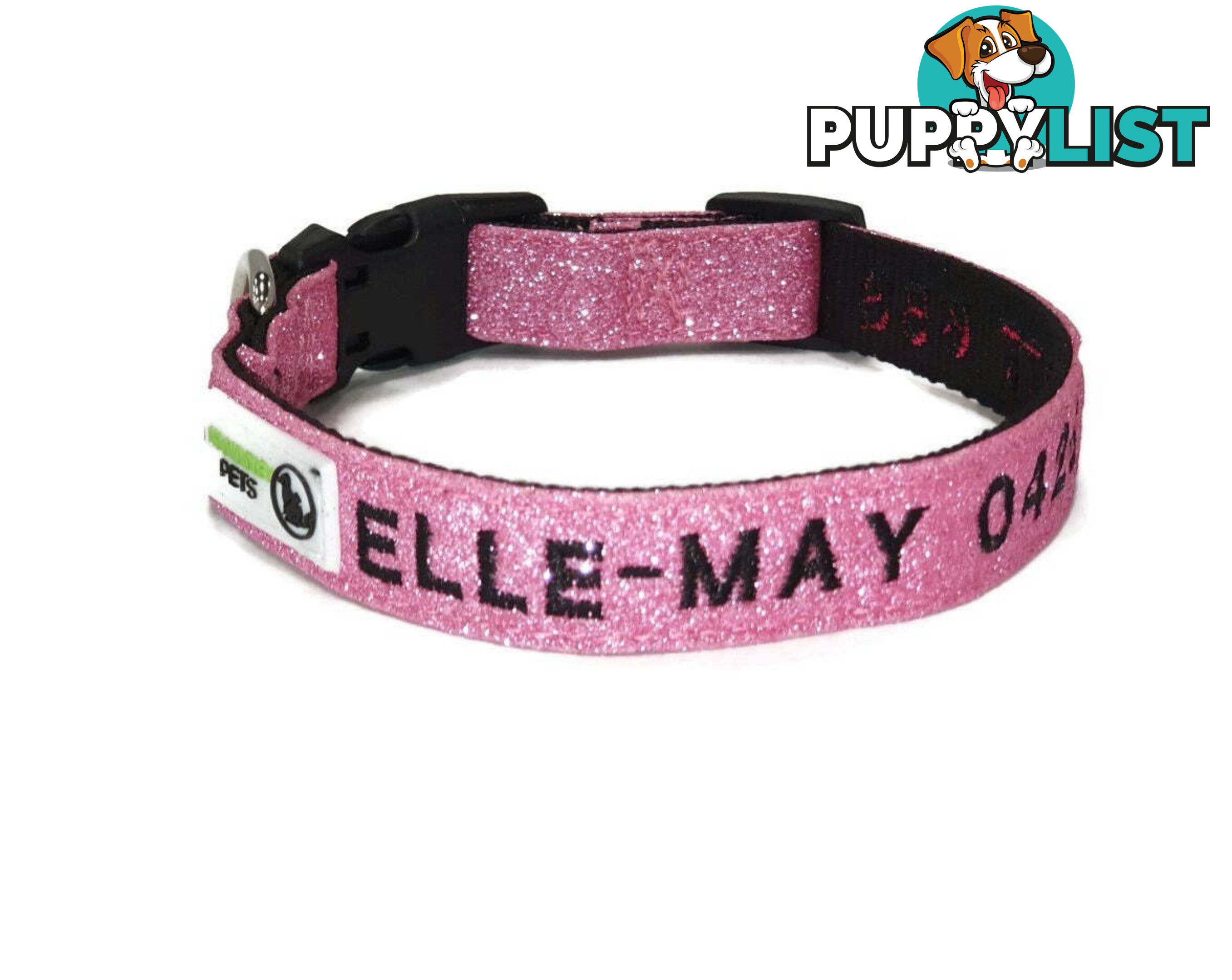 Doggie ID Collar - Bling Glitter Overlay Nylon Collar, Embroidered Personised Custom. - GC-DIC-BLING-M-RED