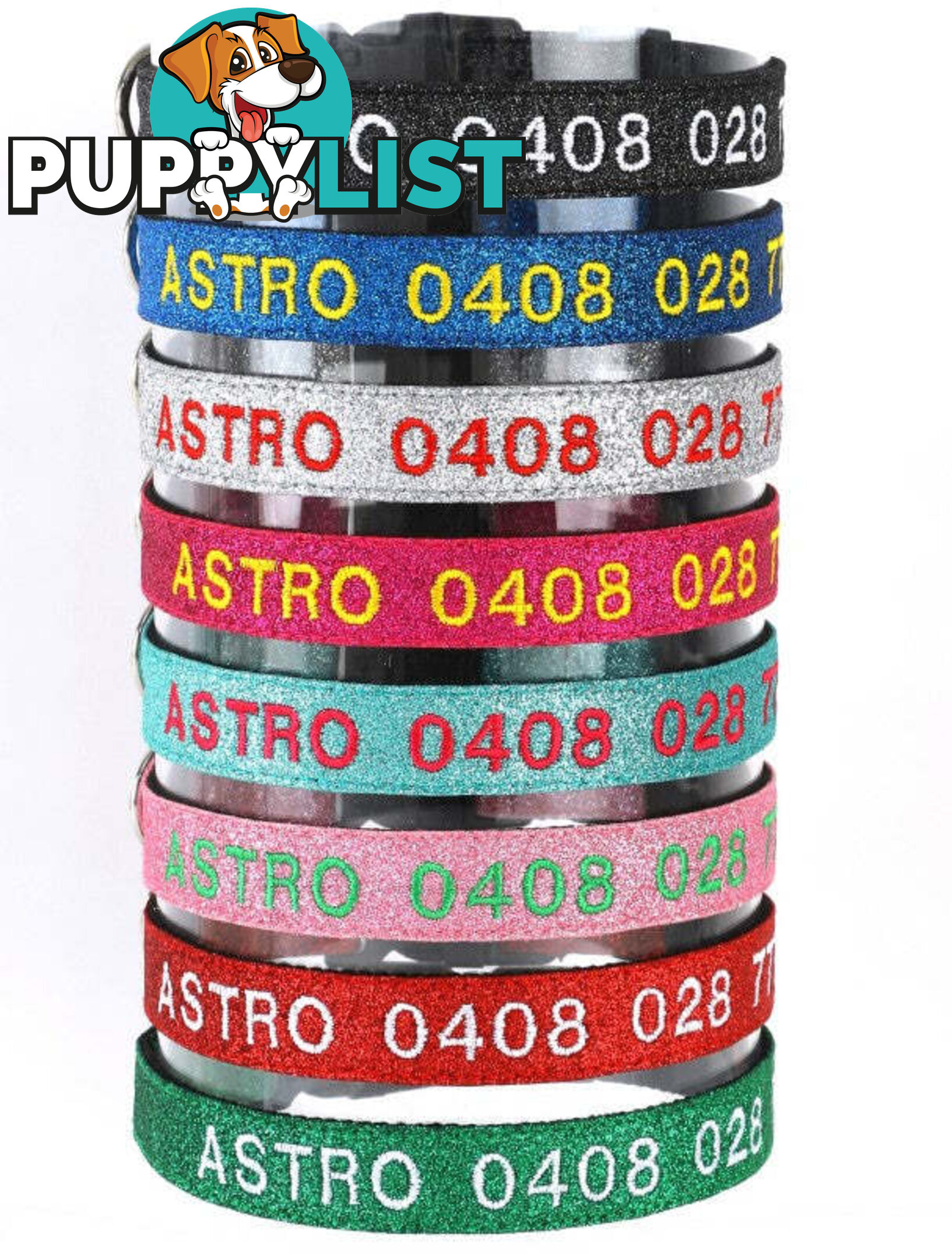 Doggie ID Collar - Bling Glitter Overlay Nylon Collar, Embroidered Personised Custom. - GC-DIC-BLING-M-RED