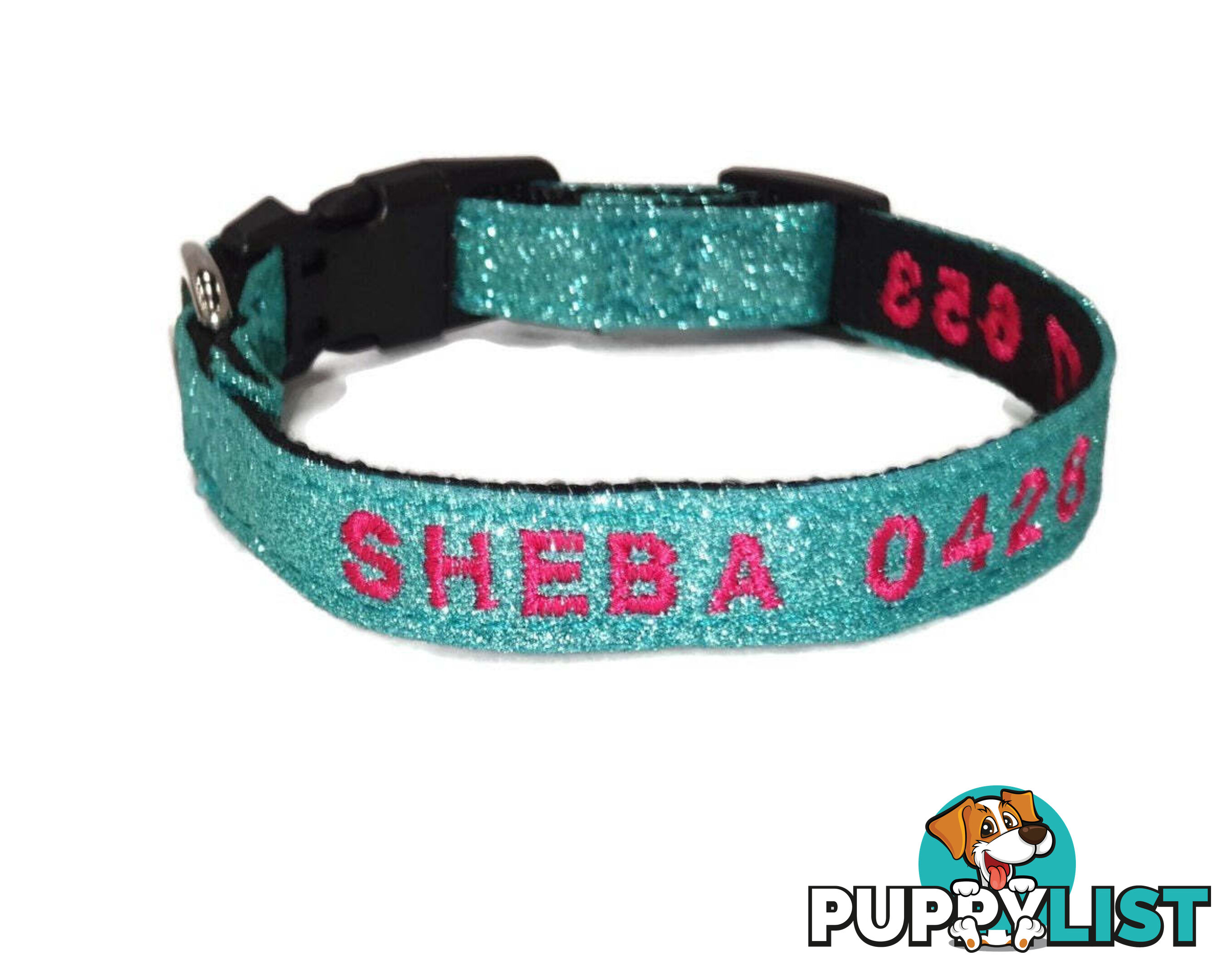 Doggie ID Collar - Bling Glitter Overlay Nylon Collar, Embroidered Personised Custom. - GC-DIC-BLING-M-RED