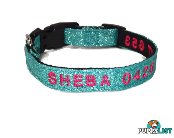 Doggie ID Collar - Bling Glitter Overlay Nylon Collar, Embroidered Personised Custom. - GC-DIC-BLING-M-RED