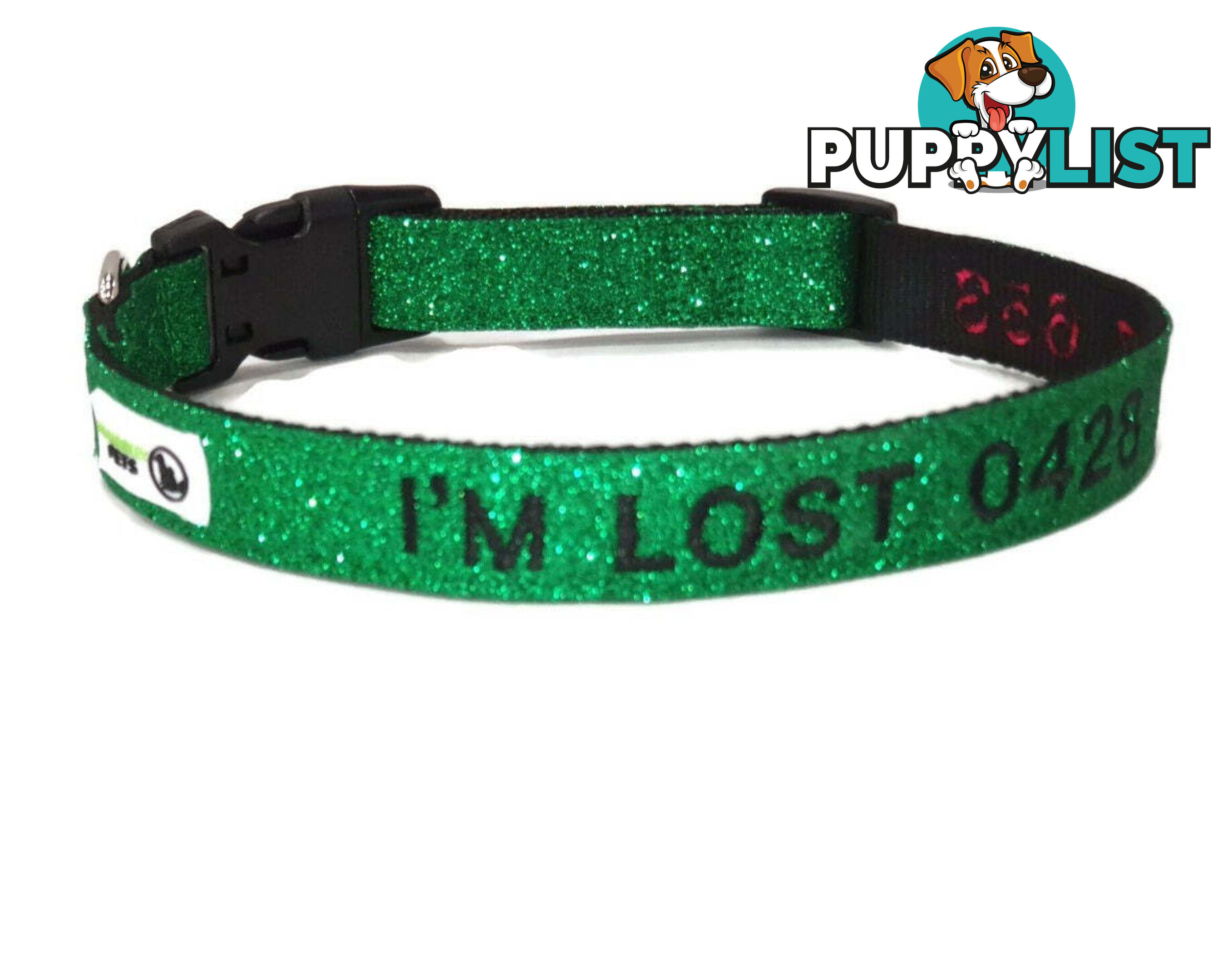 Doggie ID Collar - Bling Glitter Overlay Nylon Collar, Embroidered Personised Custom. - GC-DIC-BLING-M-RED