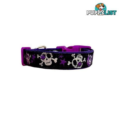 Skulls & Stars Dog Collar - Hand Made by The Bark Side - TBSSKUMEDBLU